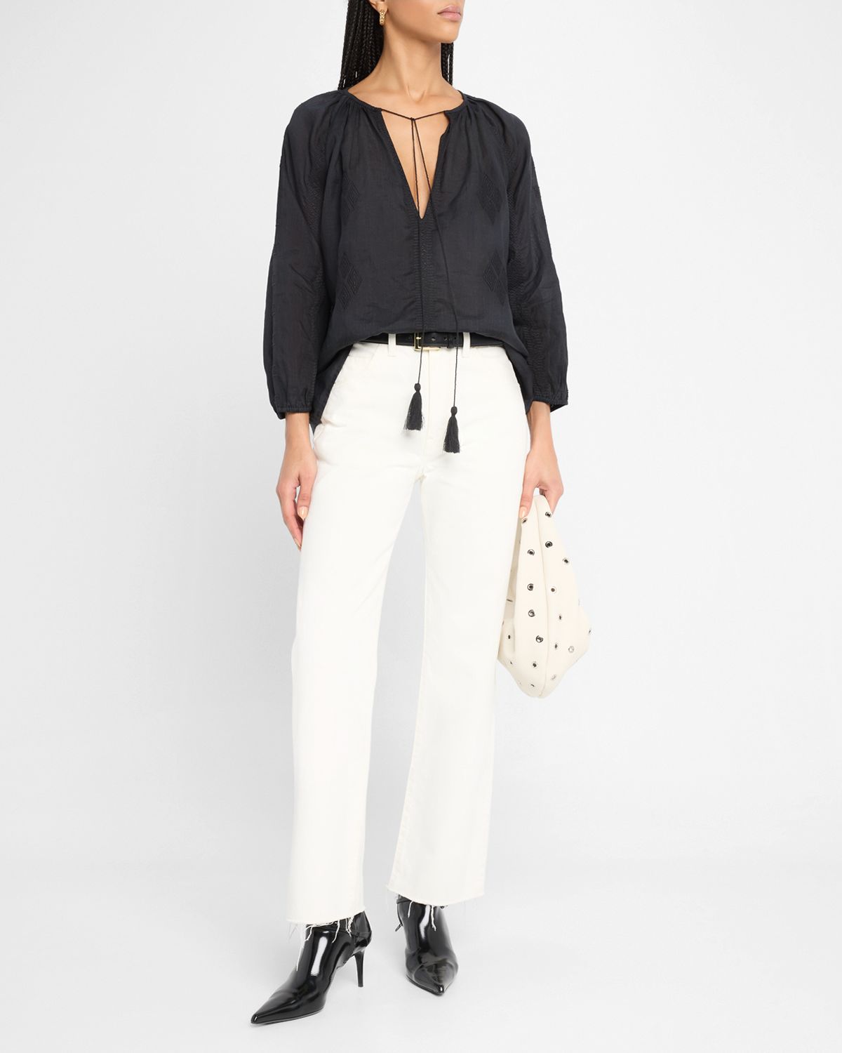 Nili Lotan Cristo Embroidered Tie Peasant Blouse