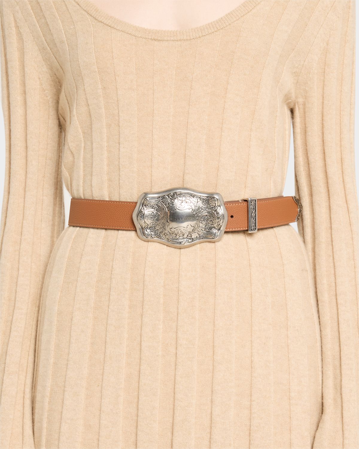 Ralph Lauren Collection Tooled-Buckle Pebbled Calfskin Western Belt