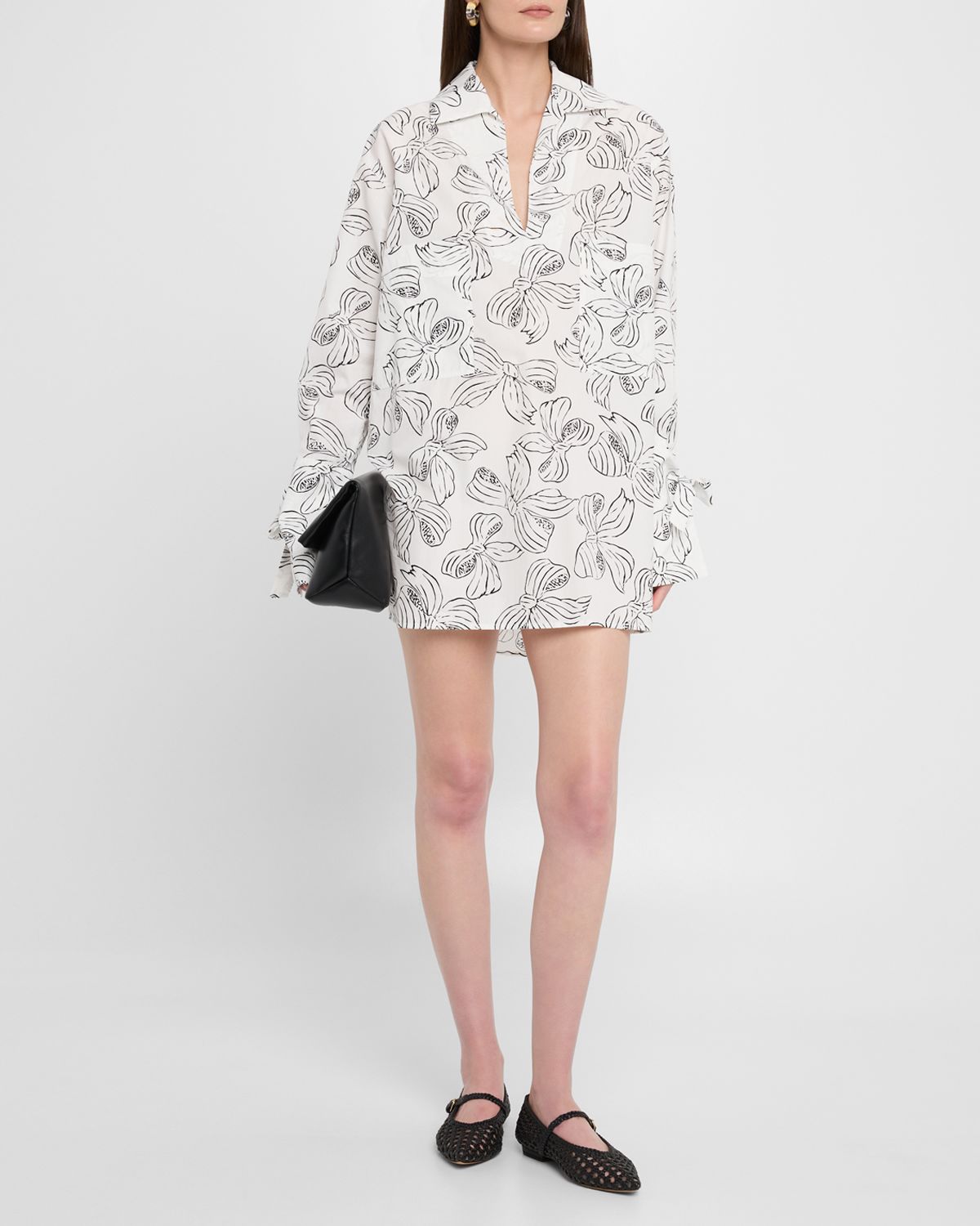 Max Mara Sansa Bow-Print Tie-Cuff Mini Shirtdress
