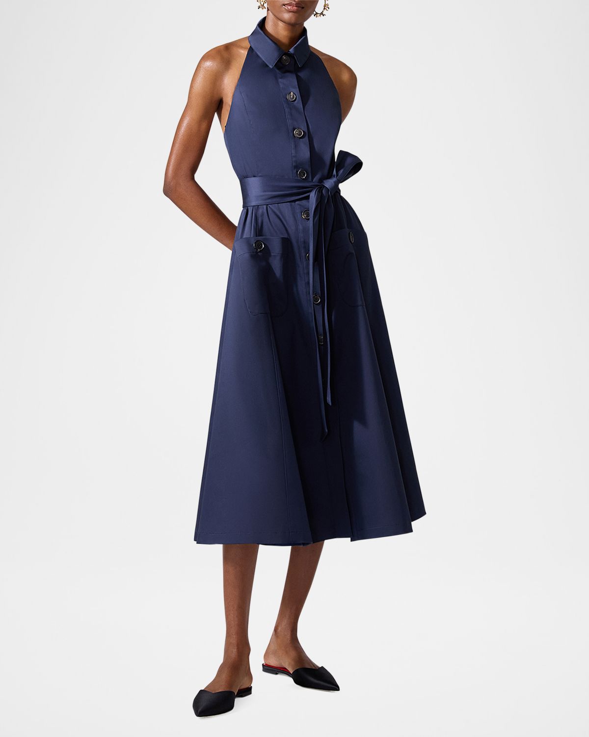 Carolina Herrera Collared Button-Front Halter Midi Dress