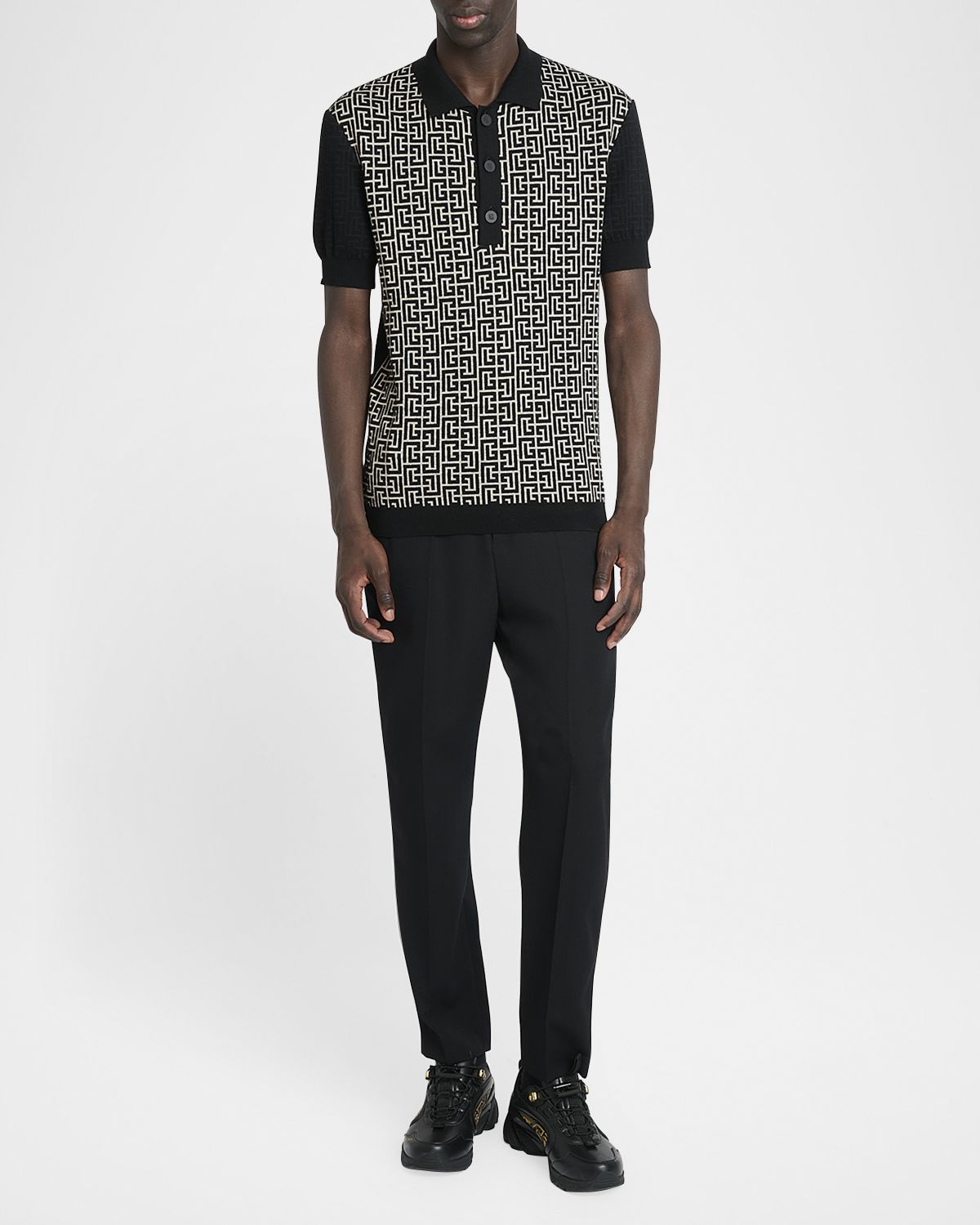 Balmain Men 's Cotton Color Block Monogram Knit Polo Shirt