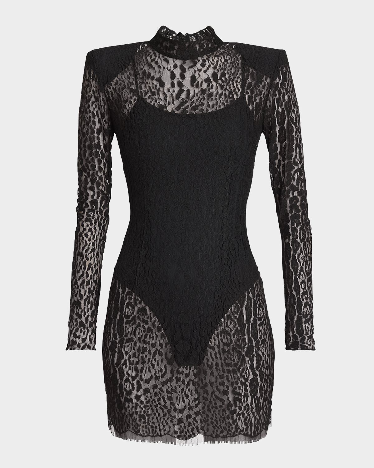 Balmain Leopard Lace Strong-Shoulder Mini Dress