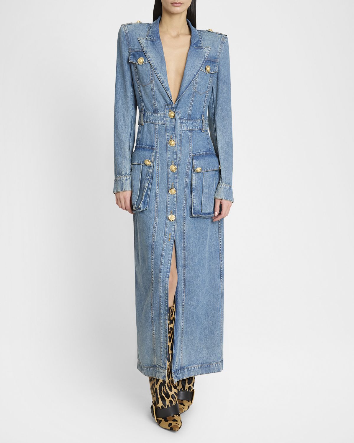 Balmain Belted Pocket Detail V-Neck Denim Midi Dress