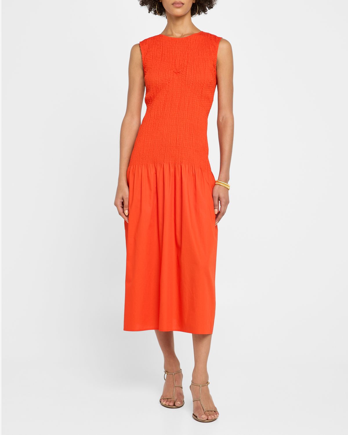 Reiss Annabel Smocked Drop-Waist Cotton Midi Dress