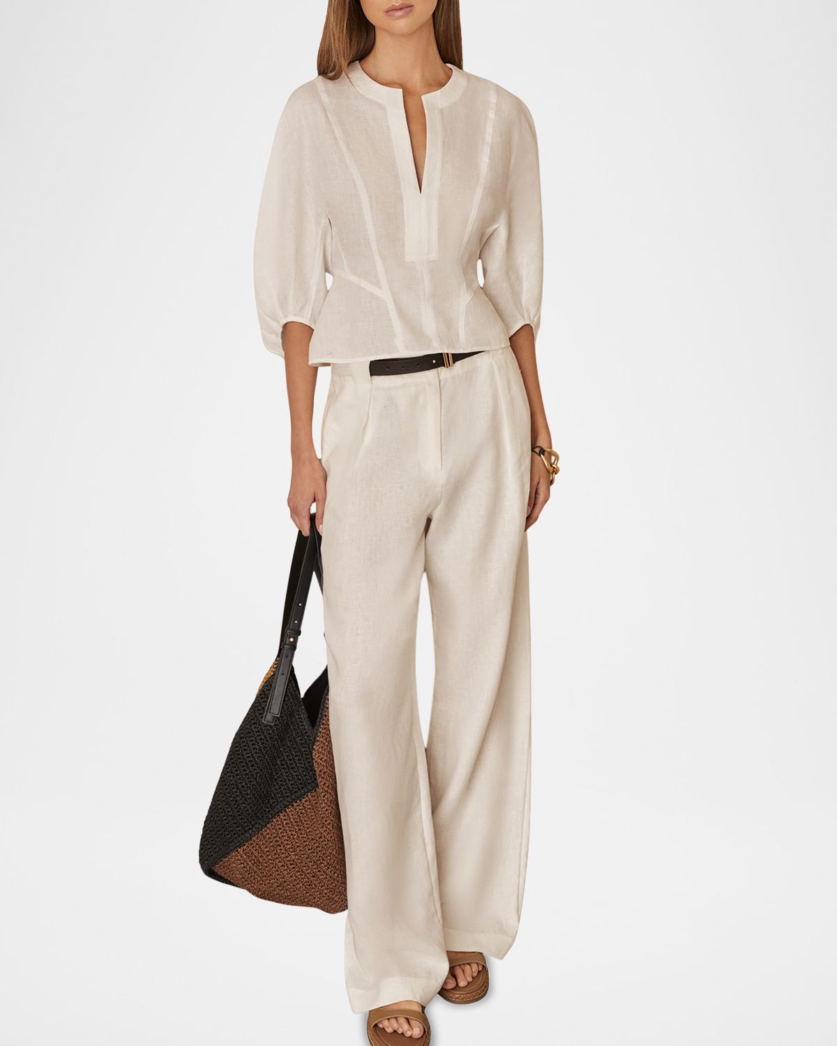 Reiss Remi Cropped Blouson-Sleeve Linen Blouse