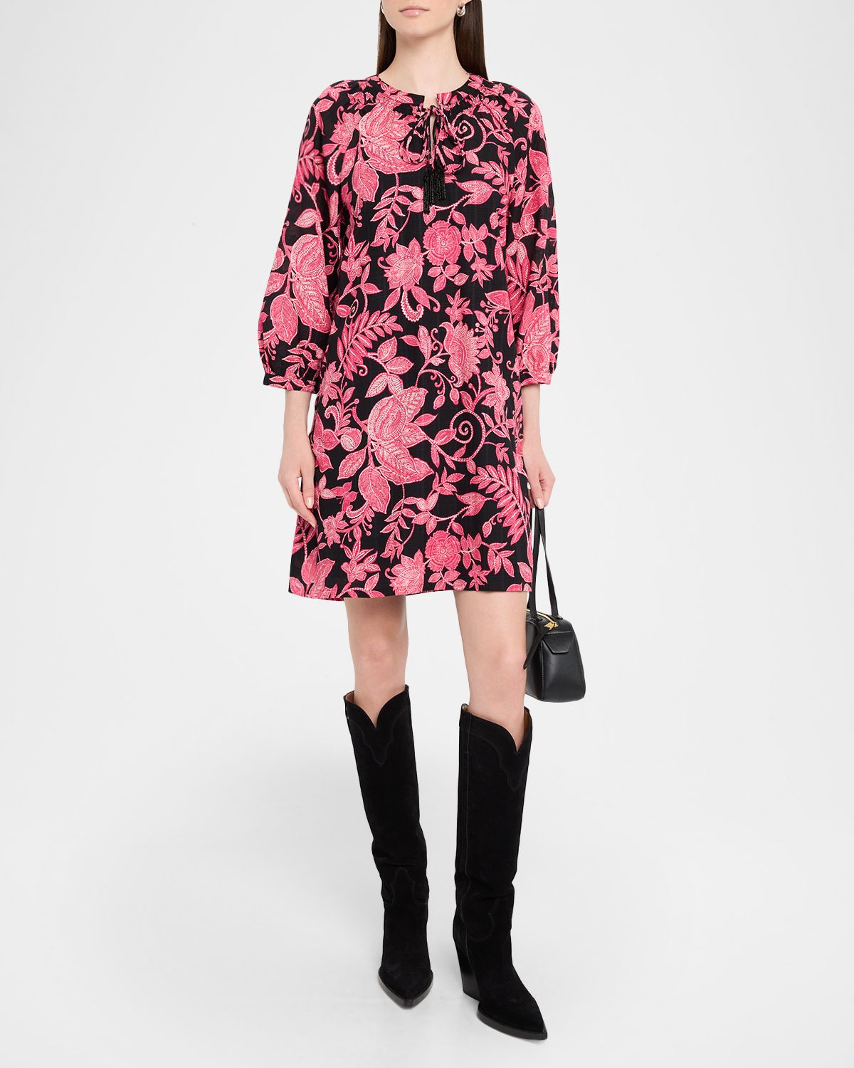 Johnny Was Tasseled Floral-Print Mini Shift Dress