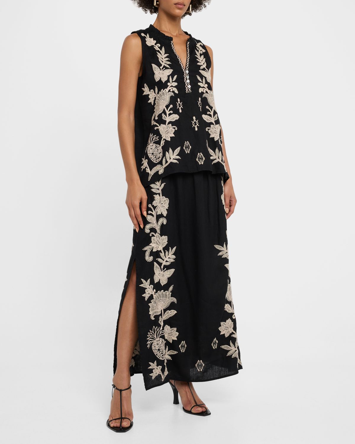 Johnny Was Orla Floral-Embroidered Linen Maxi Skirt