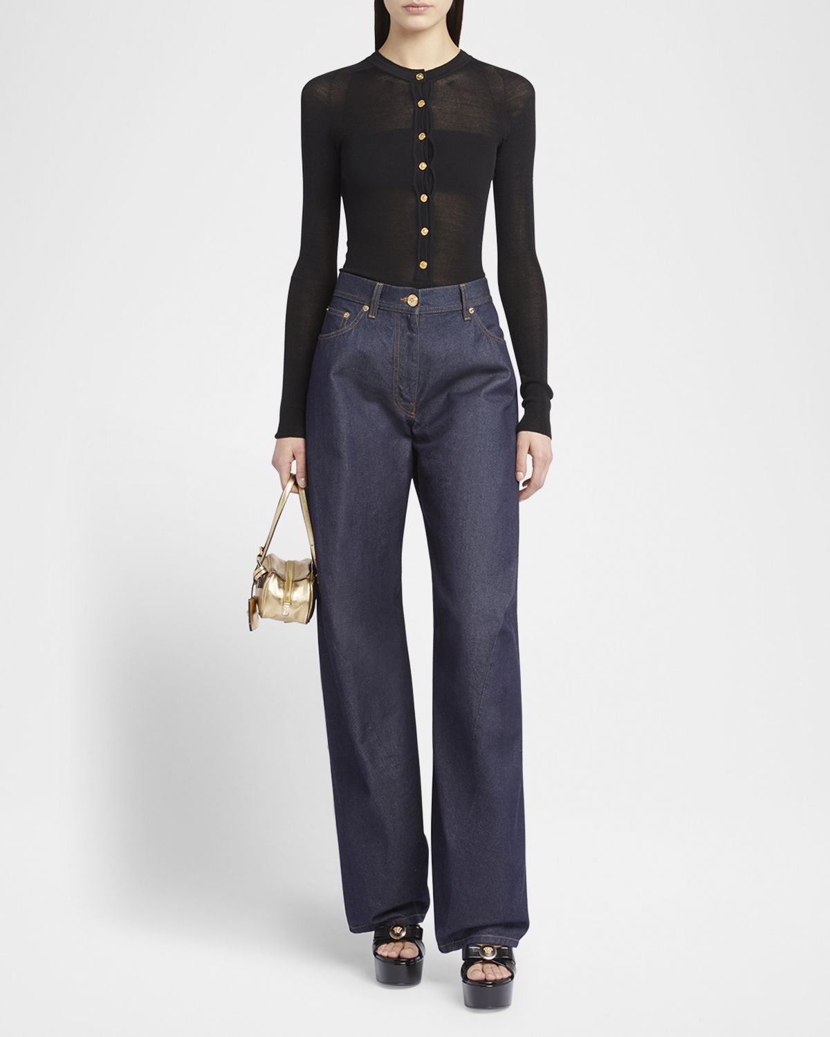 Versace Seamless Rib Long-Sleeve Henley Sweater