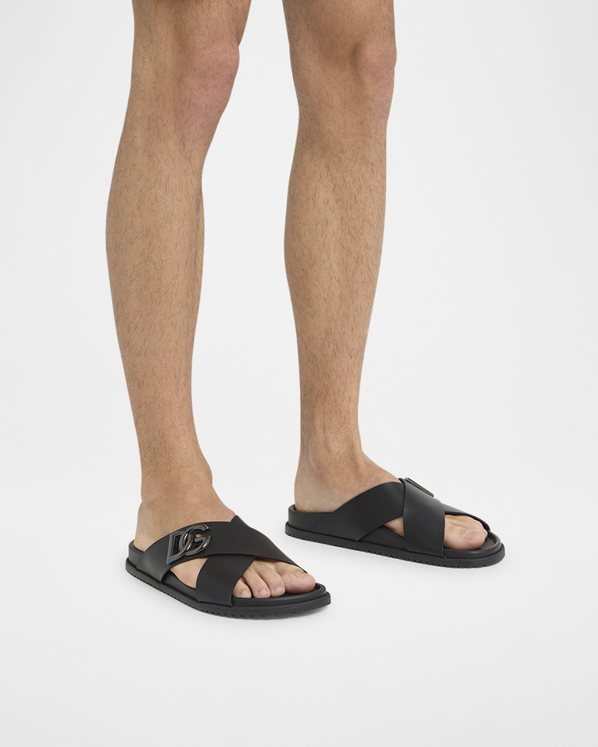 Dolce & Gabbana Men 's Crisscross Leather Logo Slide Sandals