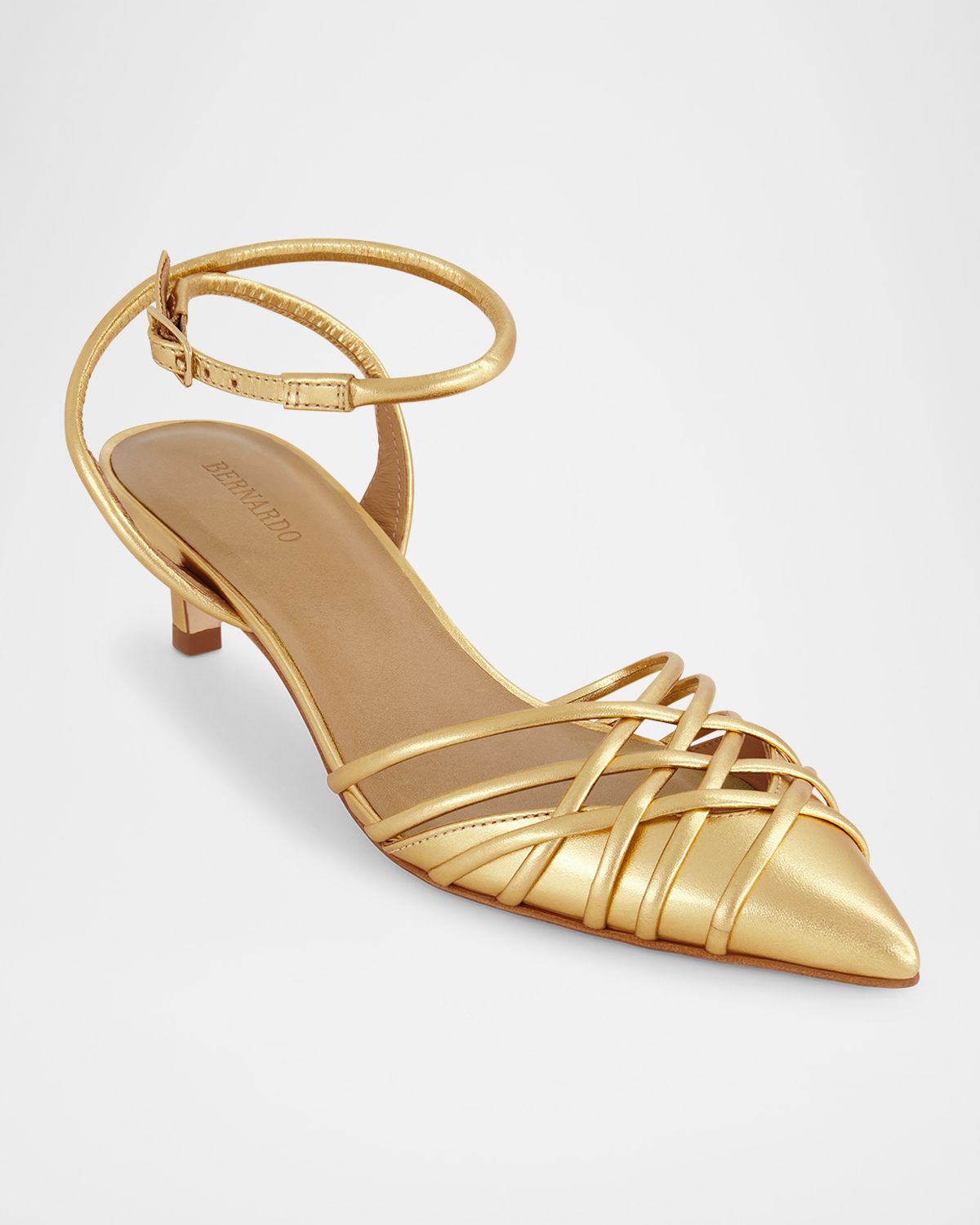 Bernardo Metallic Strappy Kitten Pumps