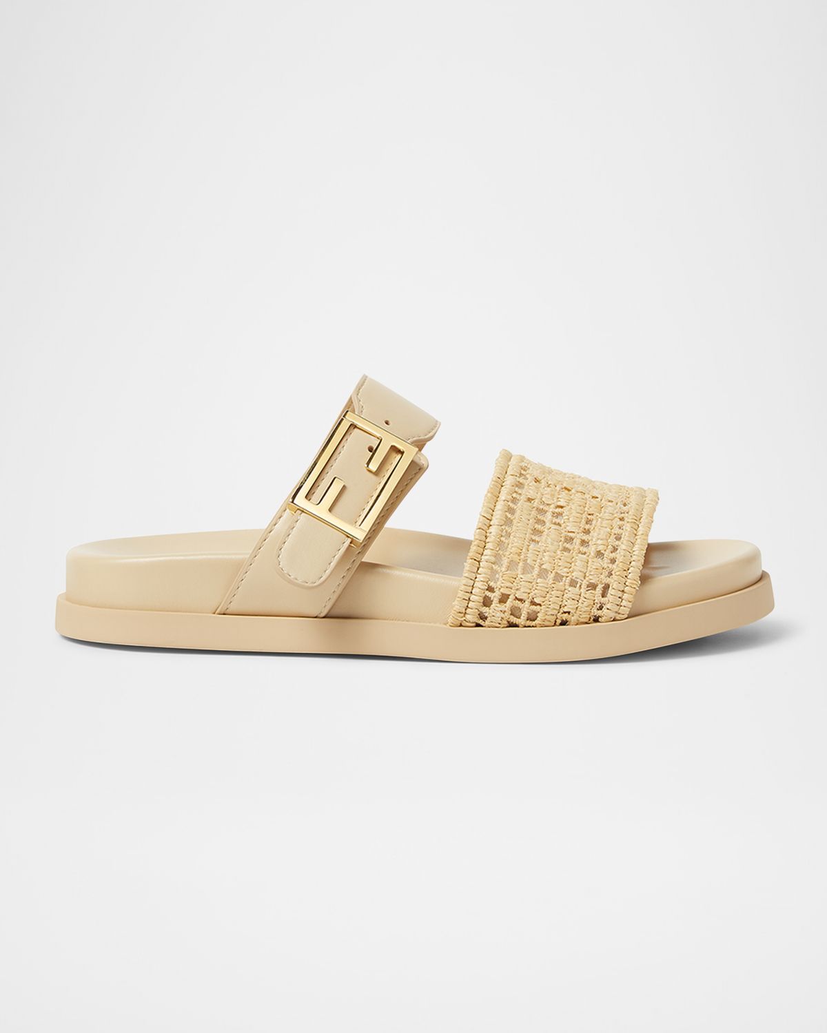 Fendi FF Raffia Leather Dual-Strap Slide Sandals