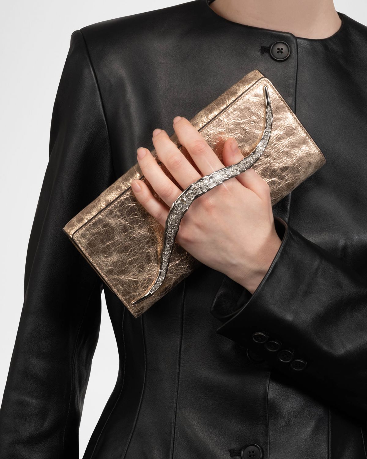 Alexis Bittar Crystal Curve Metallic Leather Clutch Bag