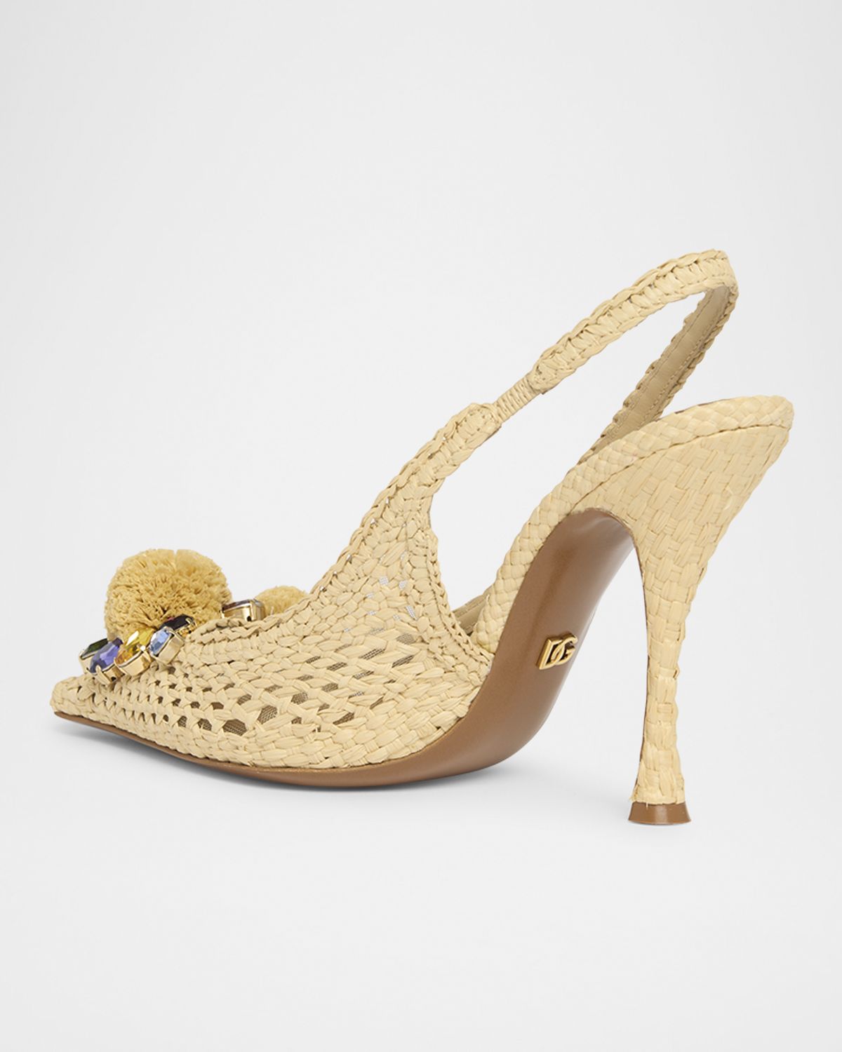 Dolce & Gabbana Raffia Crochet PomPom Slingback Pumps