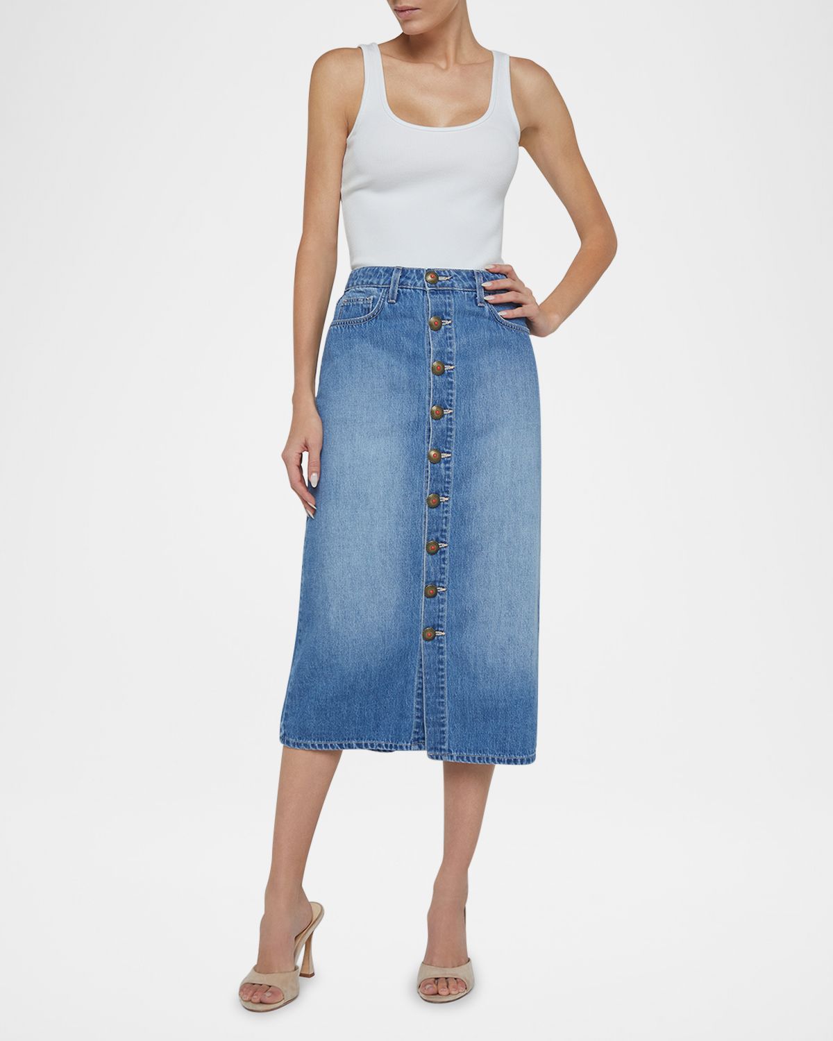 L 'Agence Kathleen Button-Front Denim Midi Skirt