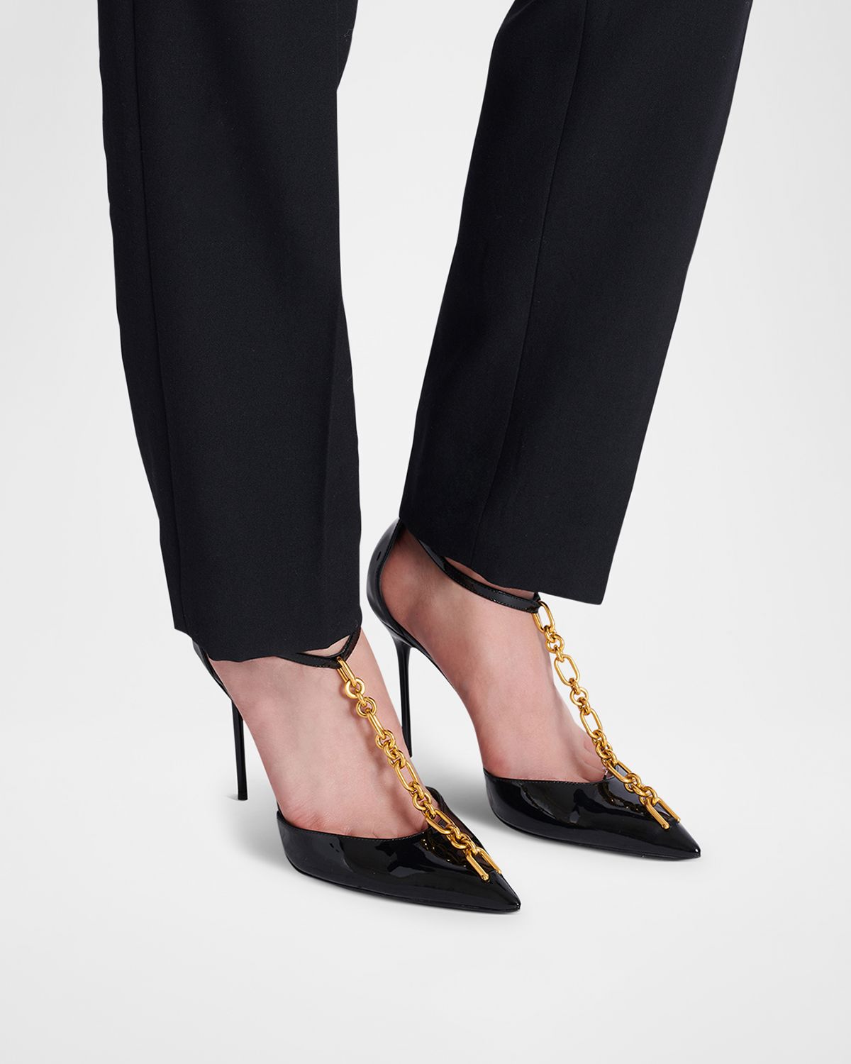 Balmain Sync Patent Leather Chain T-Strap Pumps