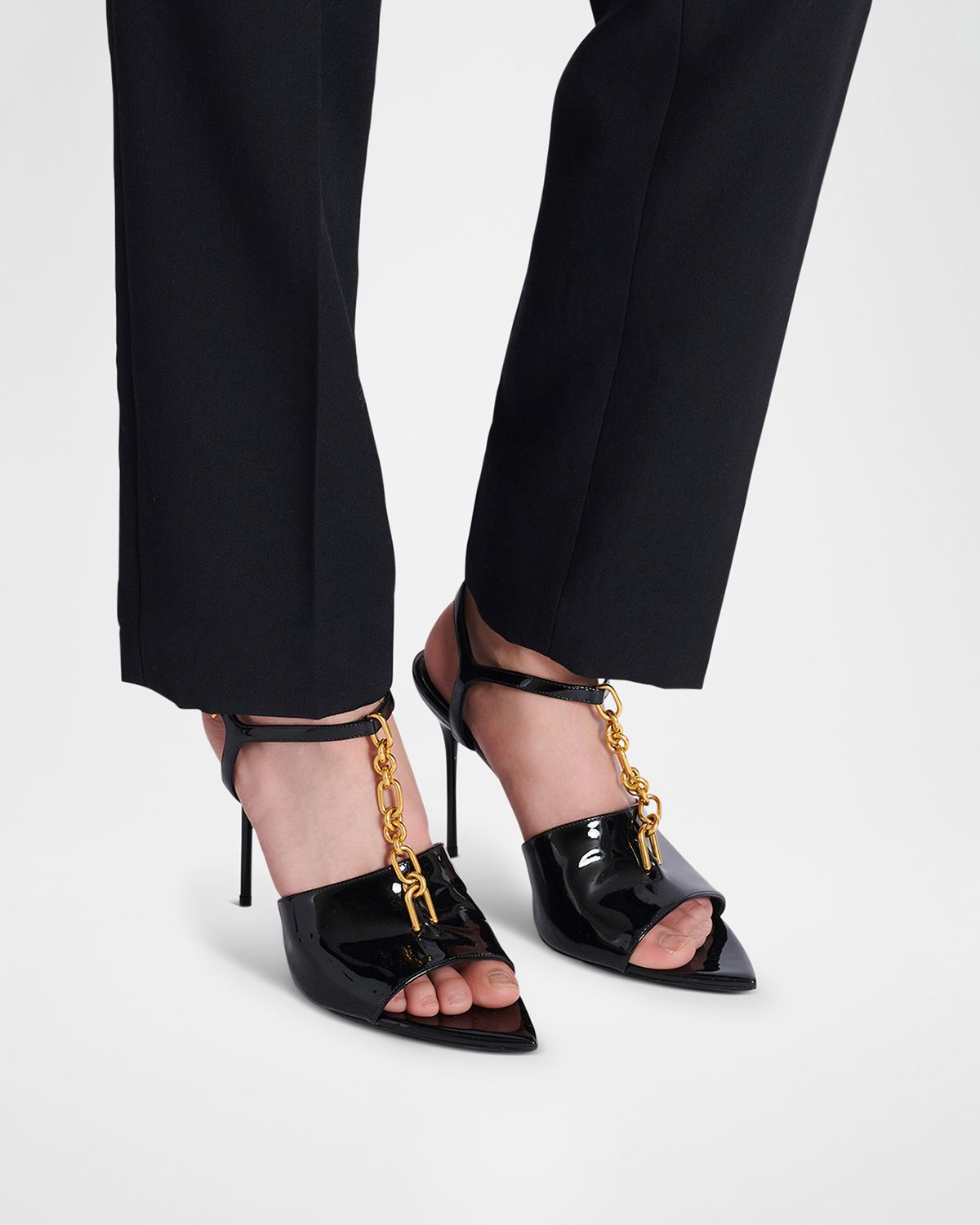 Balmain Sync Patent Leather Chain T-Strap Stiletto Sandals