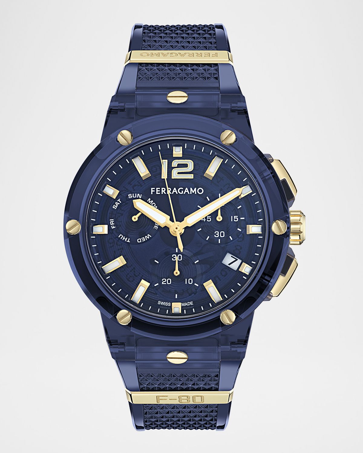 Ferragamo F-80 44mm Translucent Blue Bioplastic Chronograph Watch | Thumbnail 6 Ferragamo F-80 44mm Translucent Blue Bioplastic Chronograph Watch | Thumbnail 6
