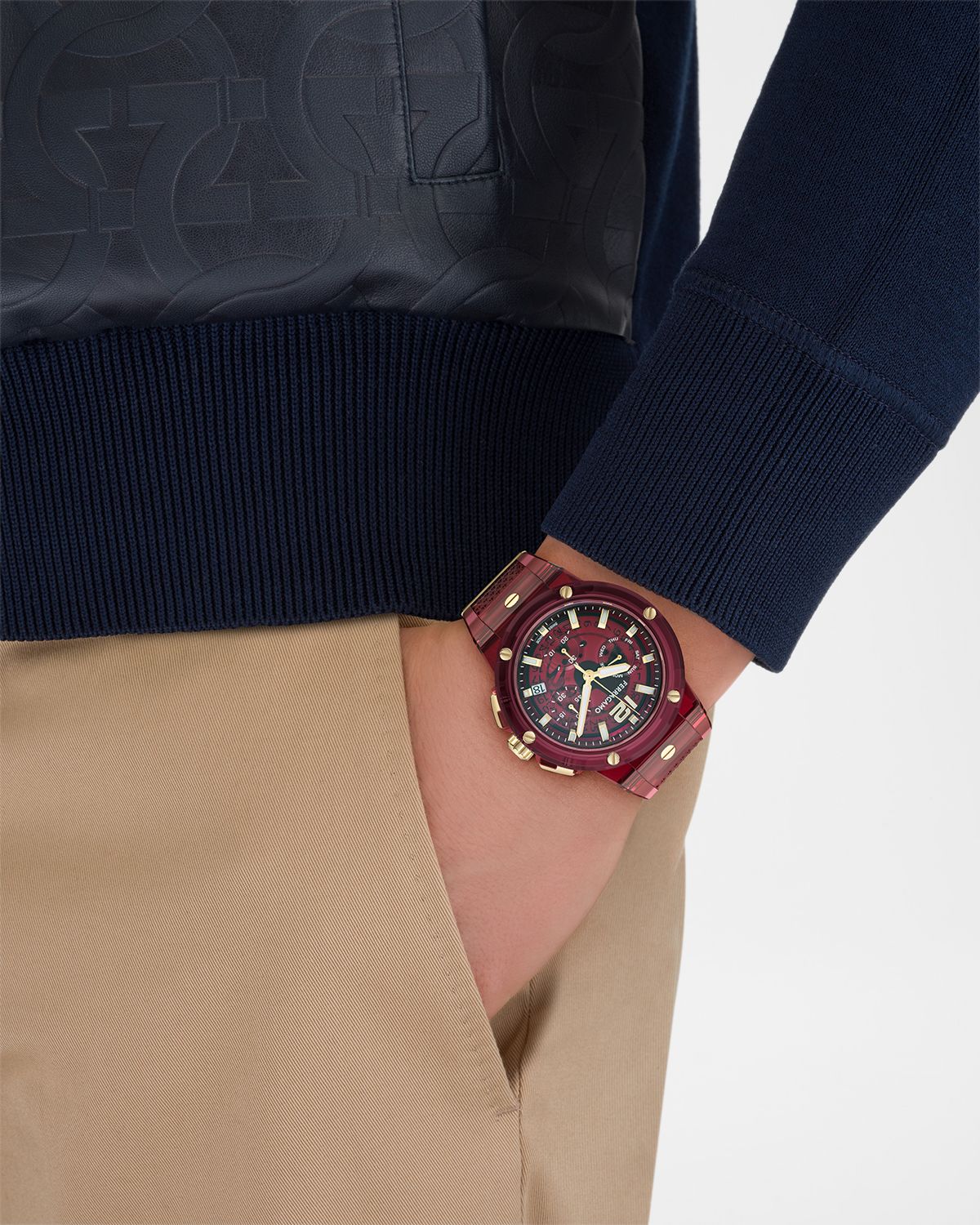 Ferragamo F-80 44mm Translucent Burgundy Bioplastic Chronograph Watch