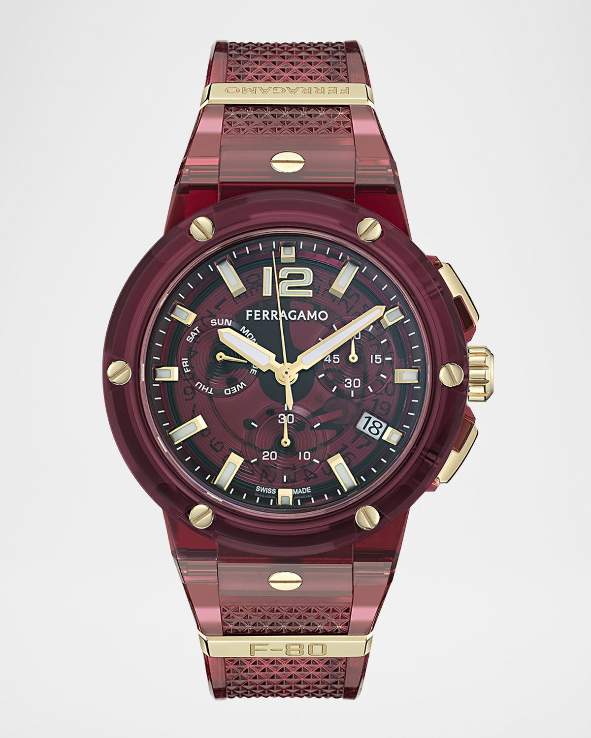 Ferragamo F-80 44mm Translucent Burgundy Bioplastic Chronograph Watch | Thumbnail 6 Ferragamo F-80 44mm Translucent Burgundy Bioplastic Chronograph Watch | Thumbnail 6