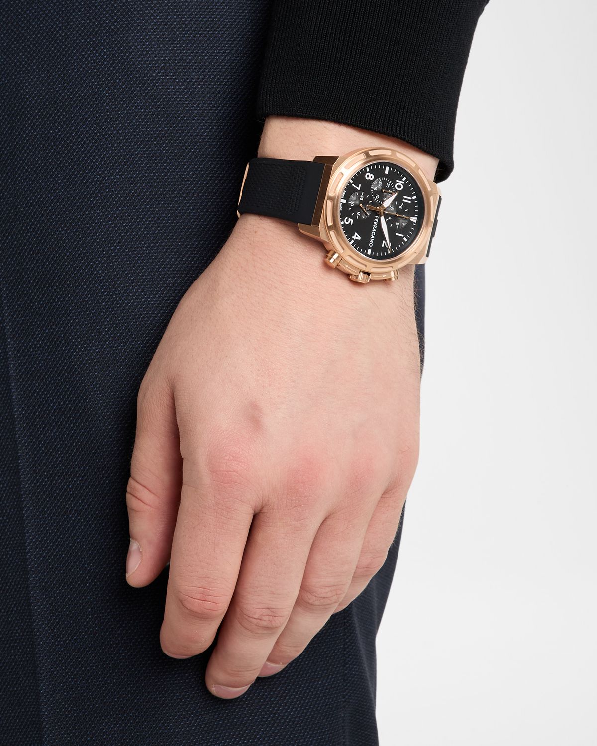 Ferragamo Sport Chrono 44mm IP Rose Gold Silicone Watch
