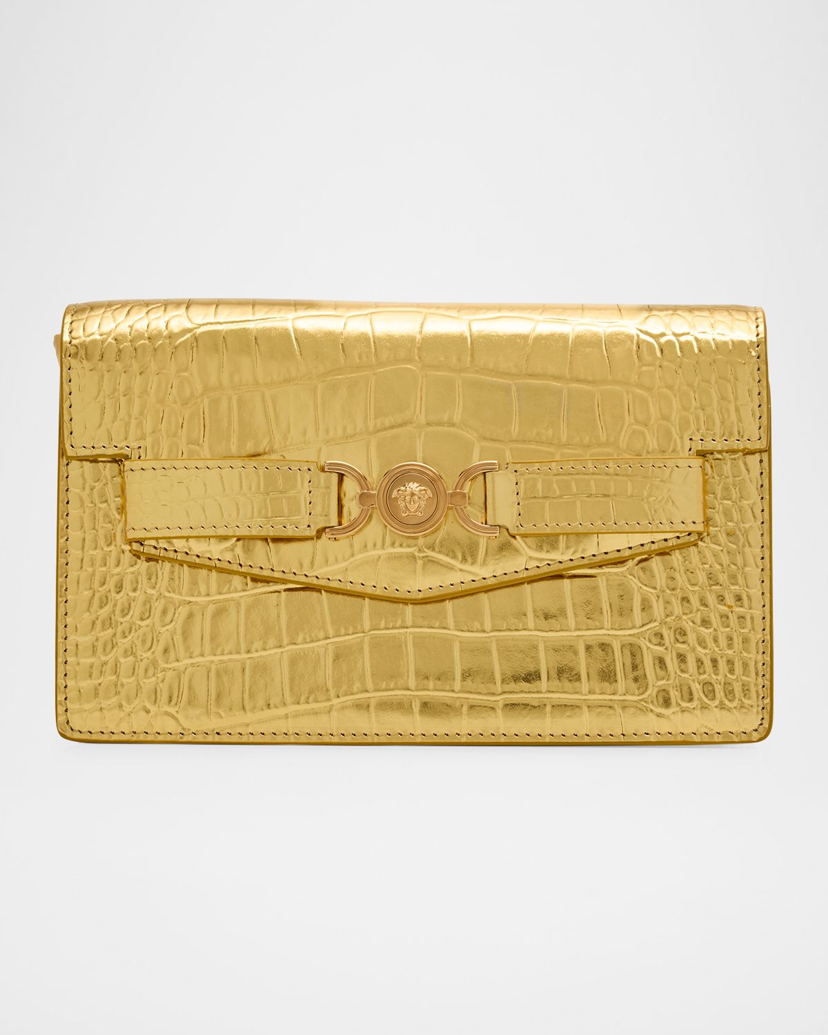 Versace La Medusa Laminated Croc-Embossed Wallet on Chain
