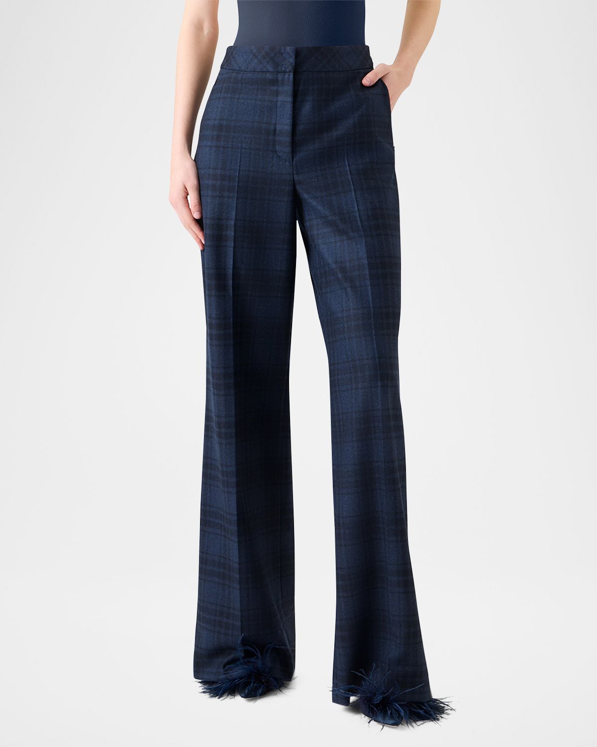 Akris Fior Check Wool Flannel Wide-Leg Trousers