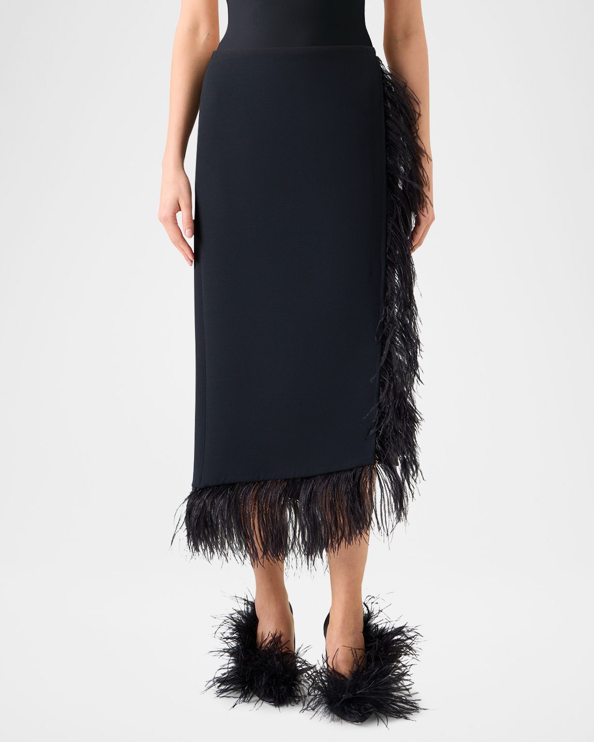 Akris Feather-Trim Wool Stretch Double Face Midi Wrap Skirt