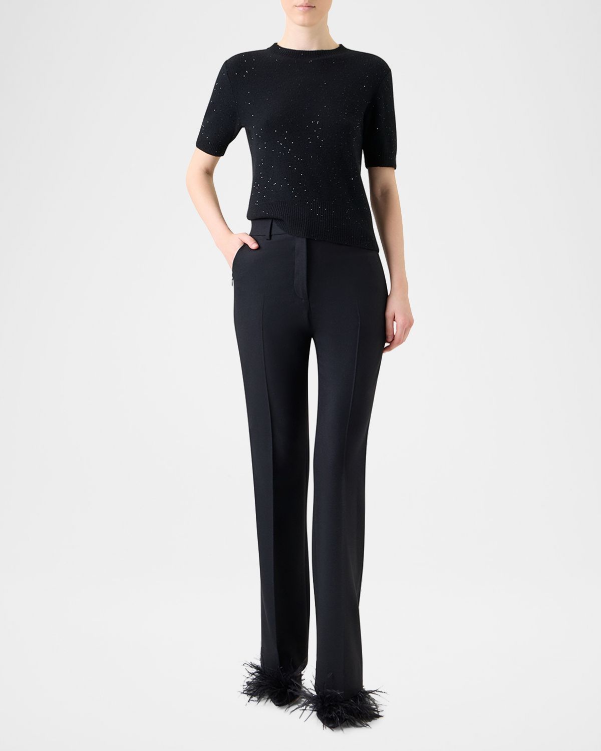 Akris Wool-Cashmere Paillette Knit Short-Sleeve Sweater