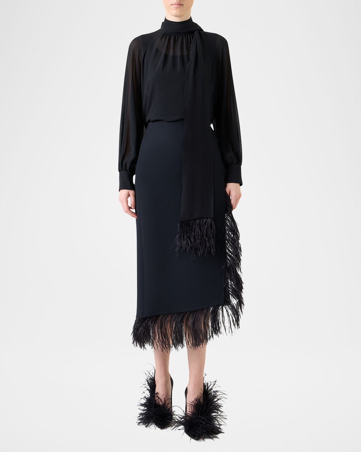 Akris Feather-Trim Scarf Silk Georgette Blouse