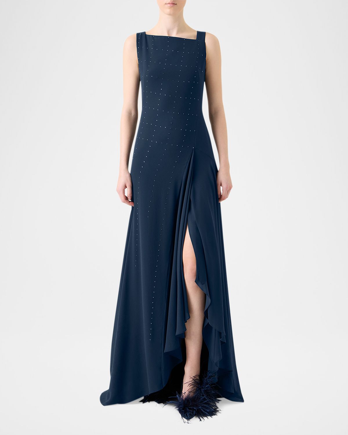 Akris Studded Sleeveless Asymmetric Flared Maxi Dress