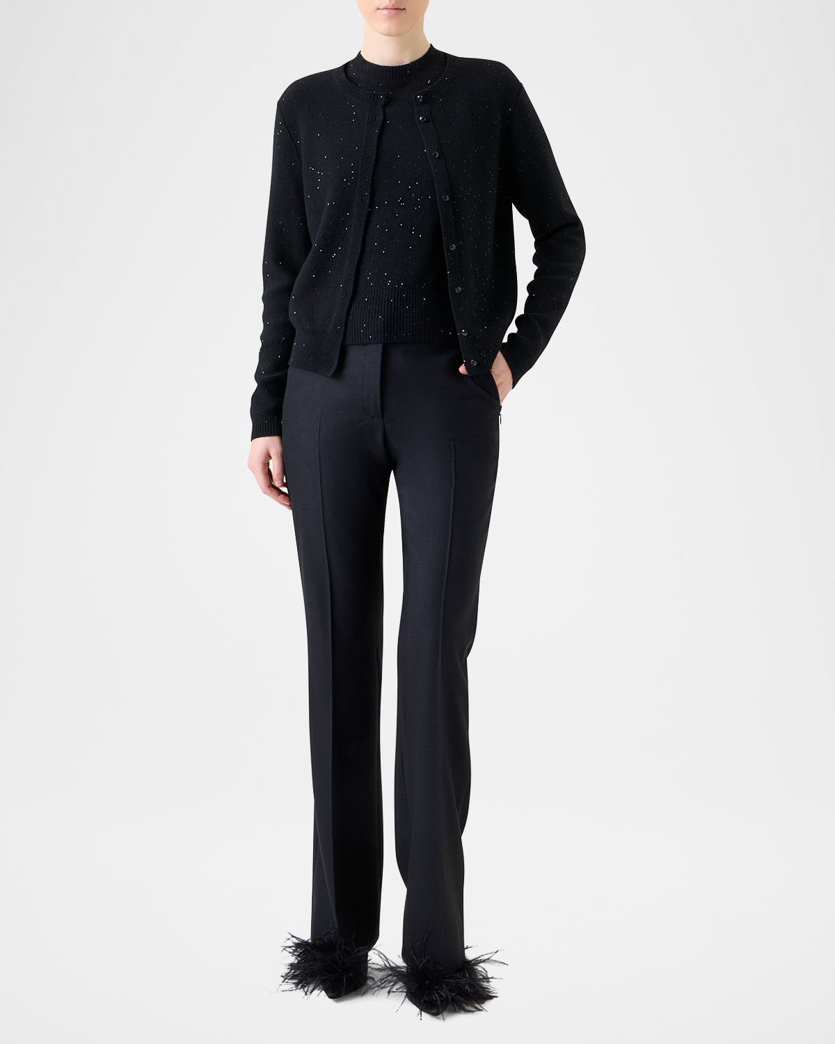 Akris Paillette Wool-Cashmere Knit Crewneck Cardigan