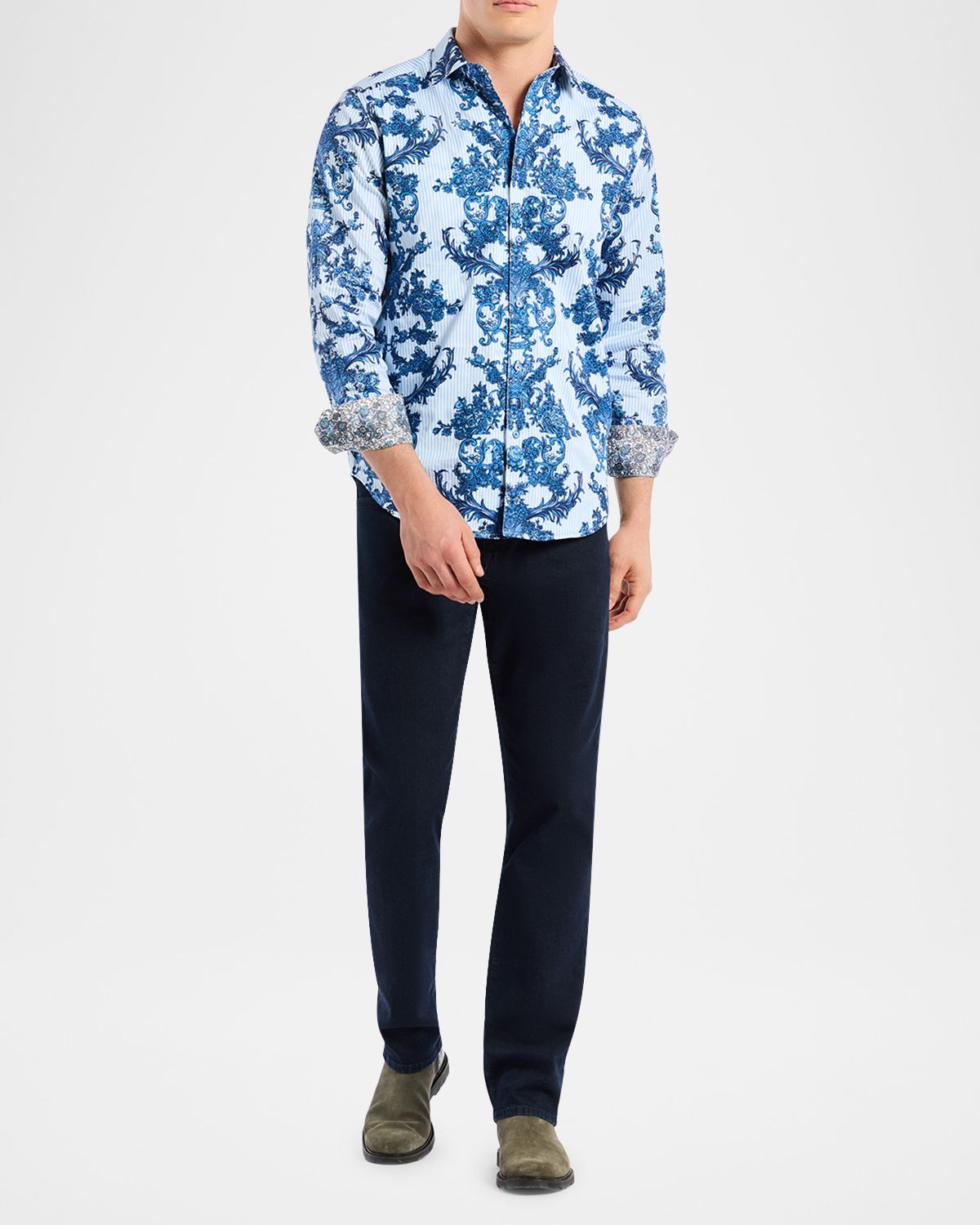 Robert Graham Men 's Bayswater Pinstripe Damask Stretch Sport Shirt