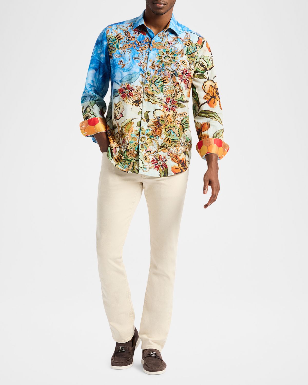 Robert Graham Men 's Flax and Cotton Floral Embroidered Sport Shirt