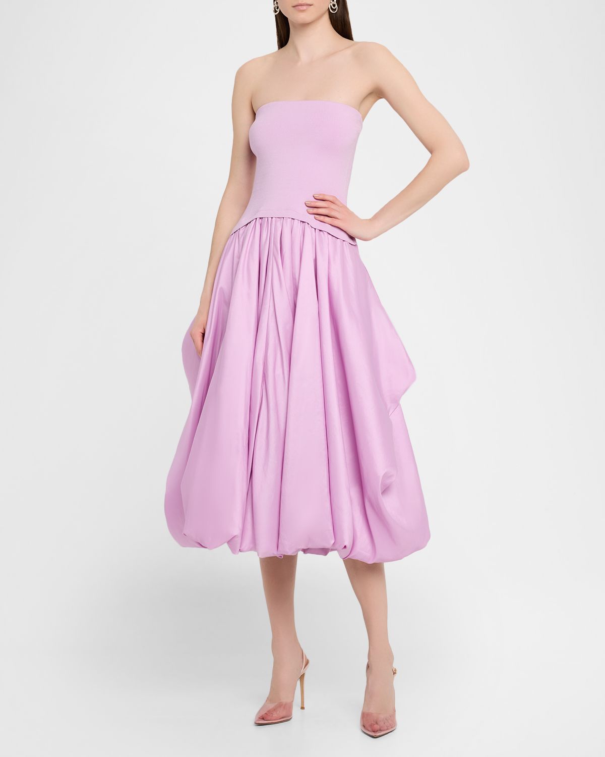SIMKHAI Izzy Strapless Mixed Media Bubble Midi Dress