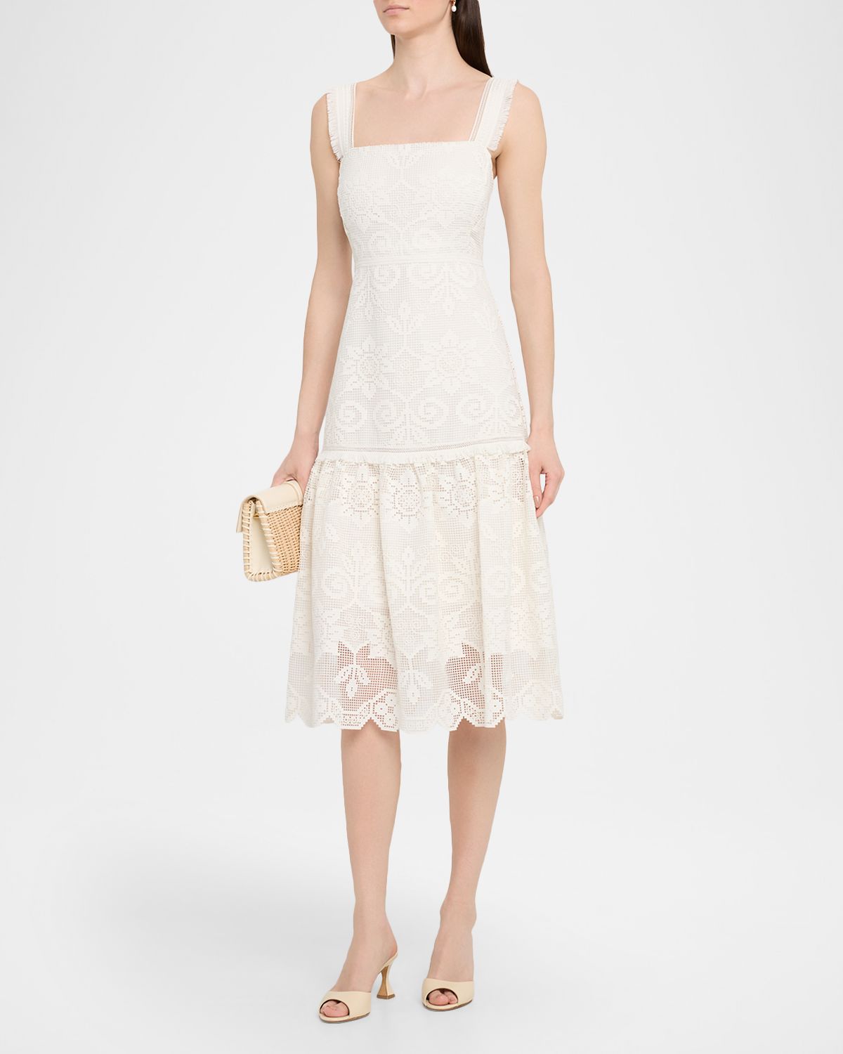 Kobi Halperin Mona Square-Neck Lace Midi Dress