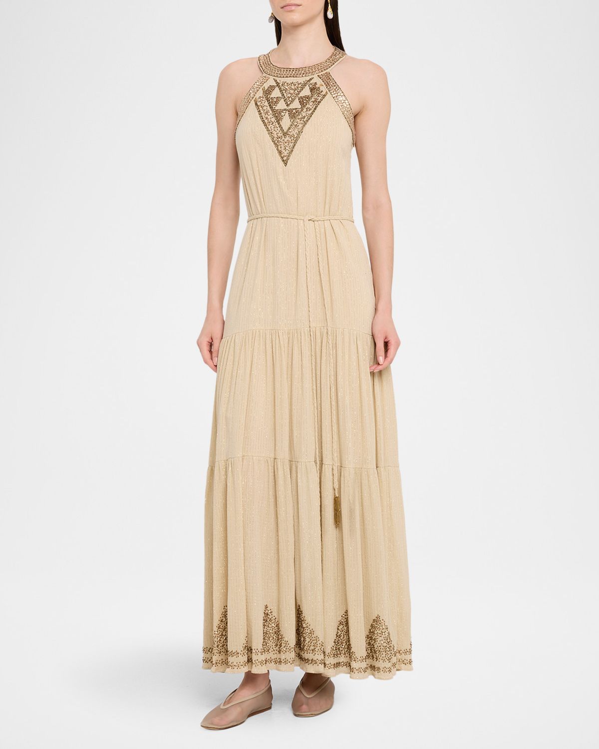 Kobi Halperin Paige Beaded Tiered Halter Maxi Dress