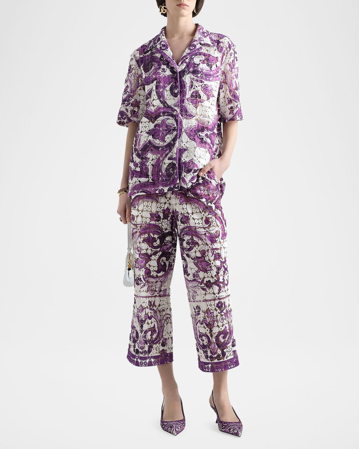 Dolce & Gabbana Majolica-Printed Crochet Lace Camp Shirt