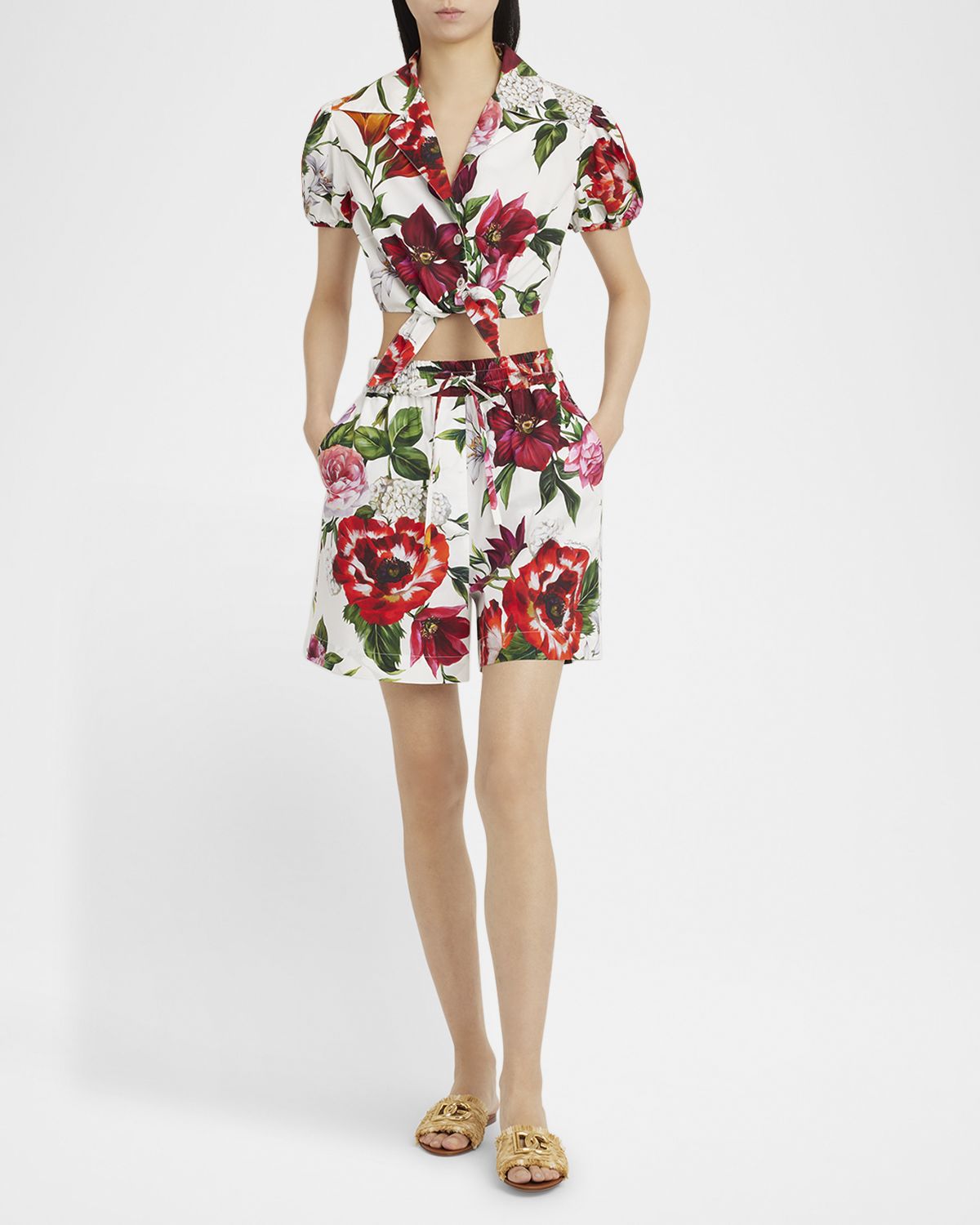 Dolce & Gabbana Anemone Floral Popeline Drawstring Shorts