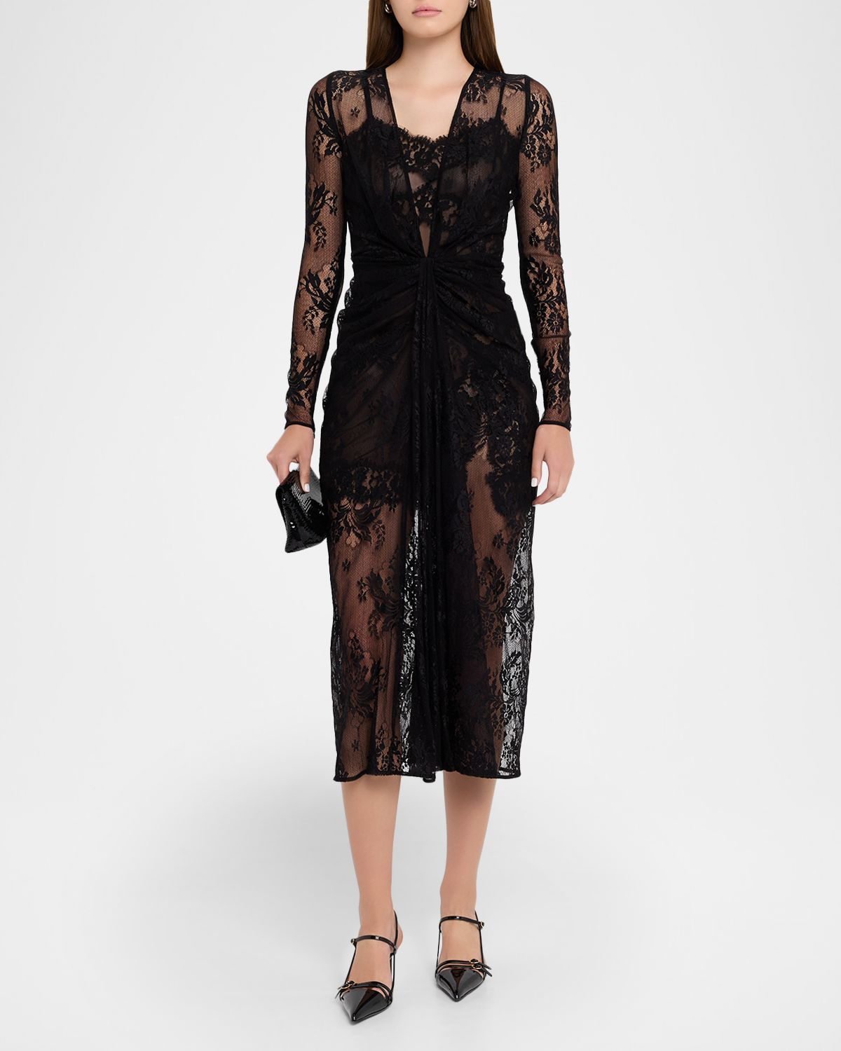Dolce & Gabbana Plunging Twisted Chantilly Lace Long-Sleeve Midi Dress
