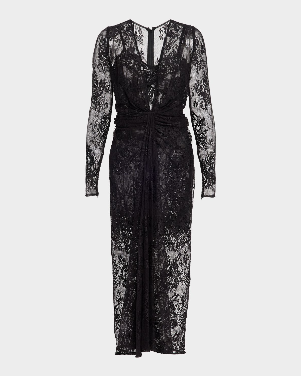 Dolce & Gabbana Plunging Twisted Chantilly Lace Long-Sleeve Midi Dress