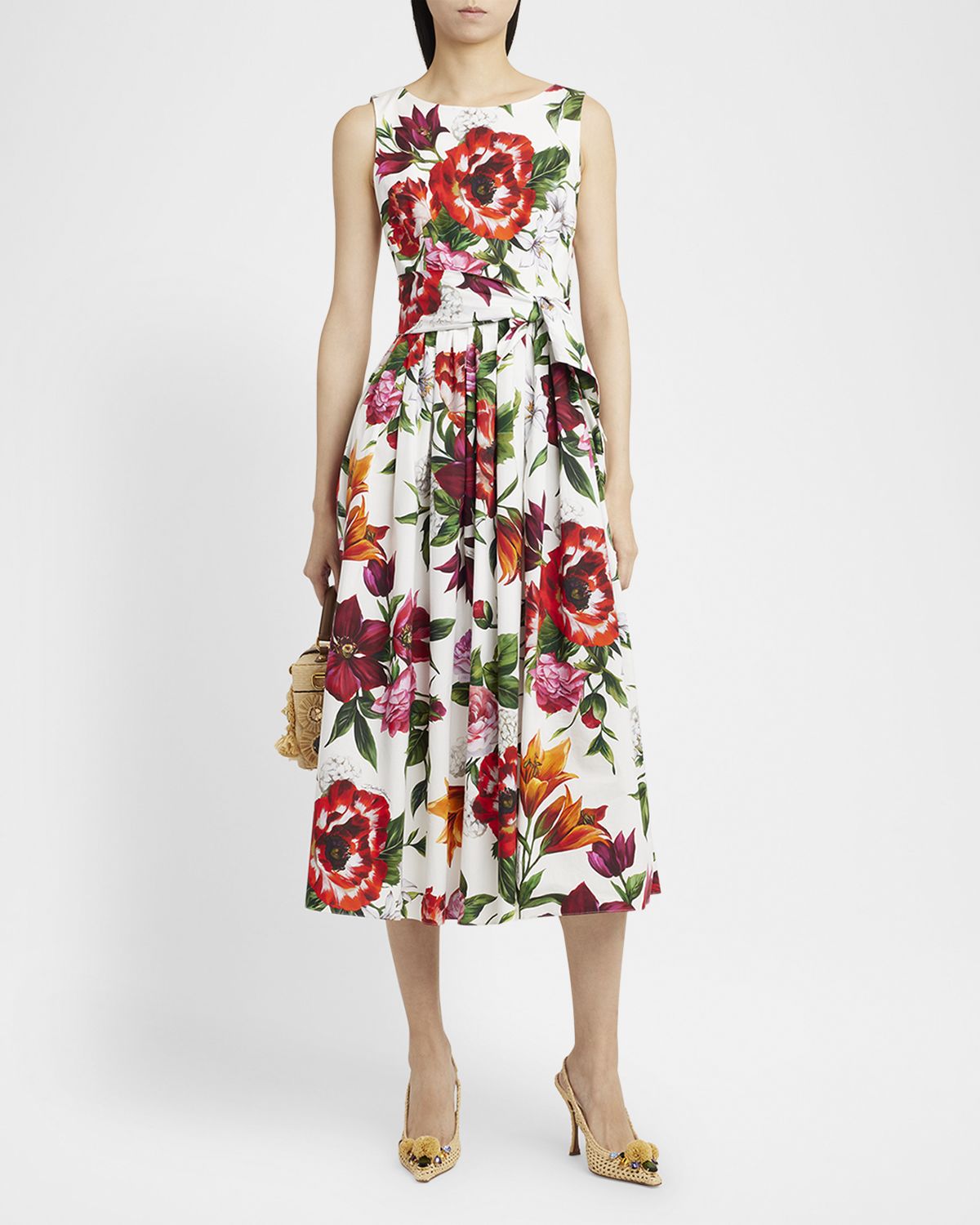 Dolce & Gabbana Anemone Floral Pleated Popeline Midi Dress With Belt