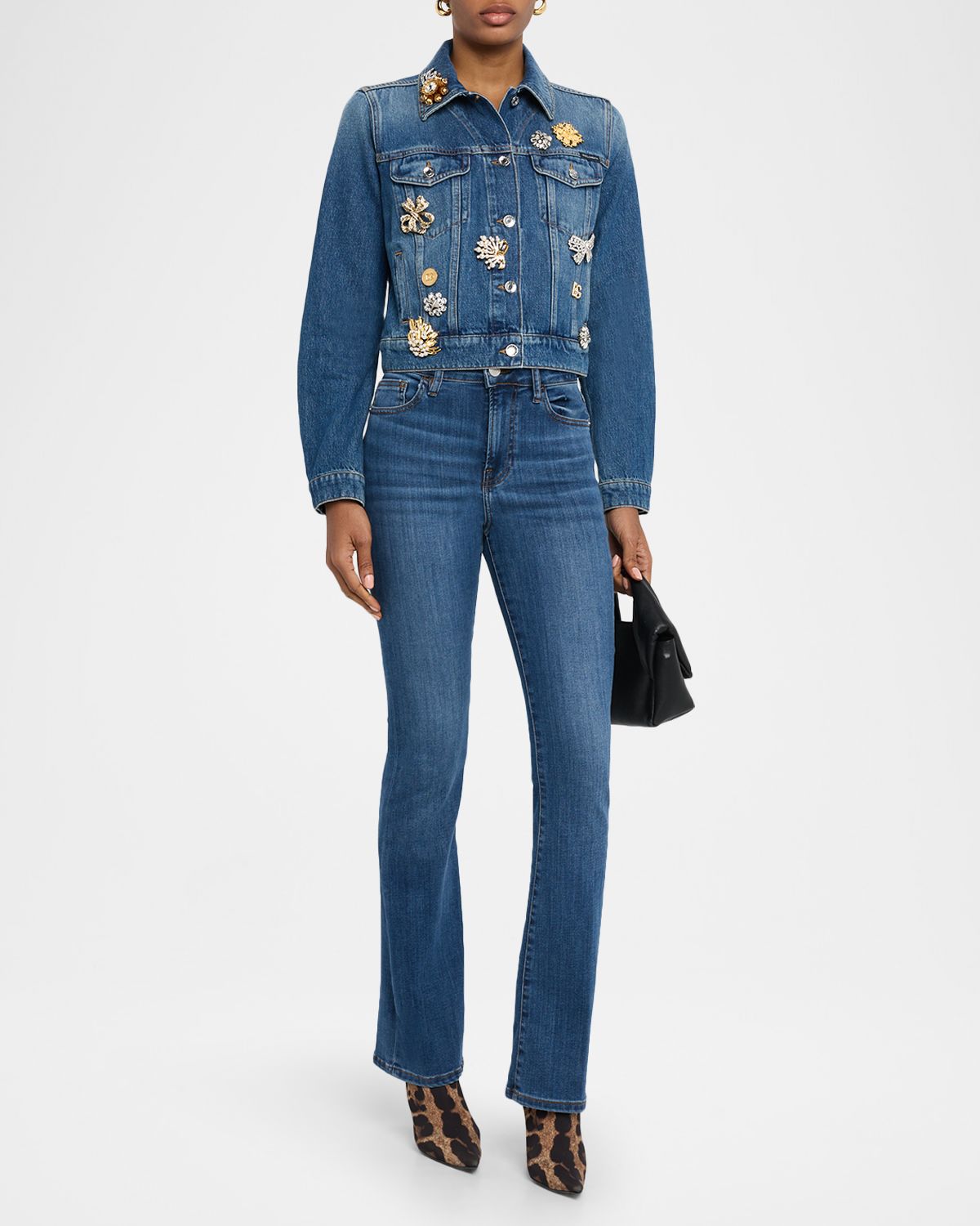 Dolce & Gabbana Brooch Embellished Crop Denim Jacket