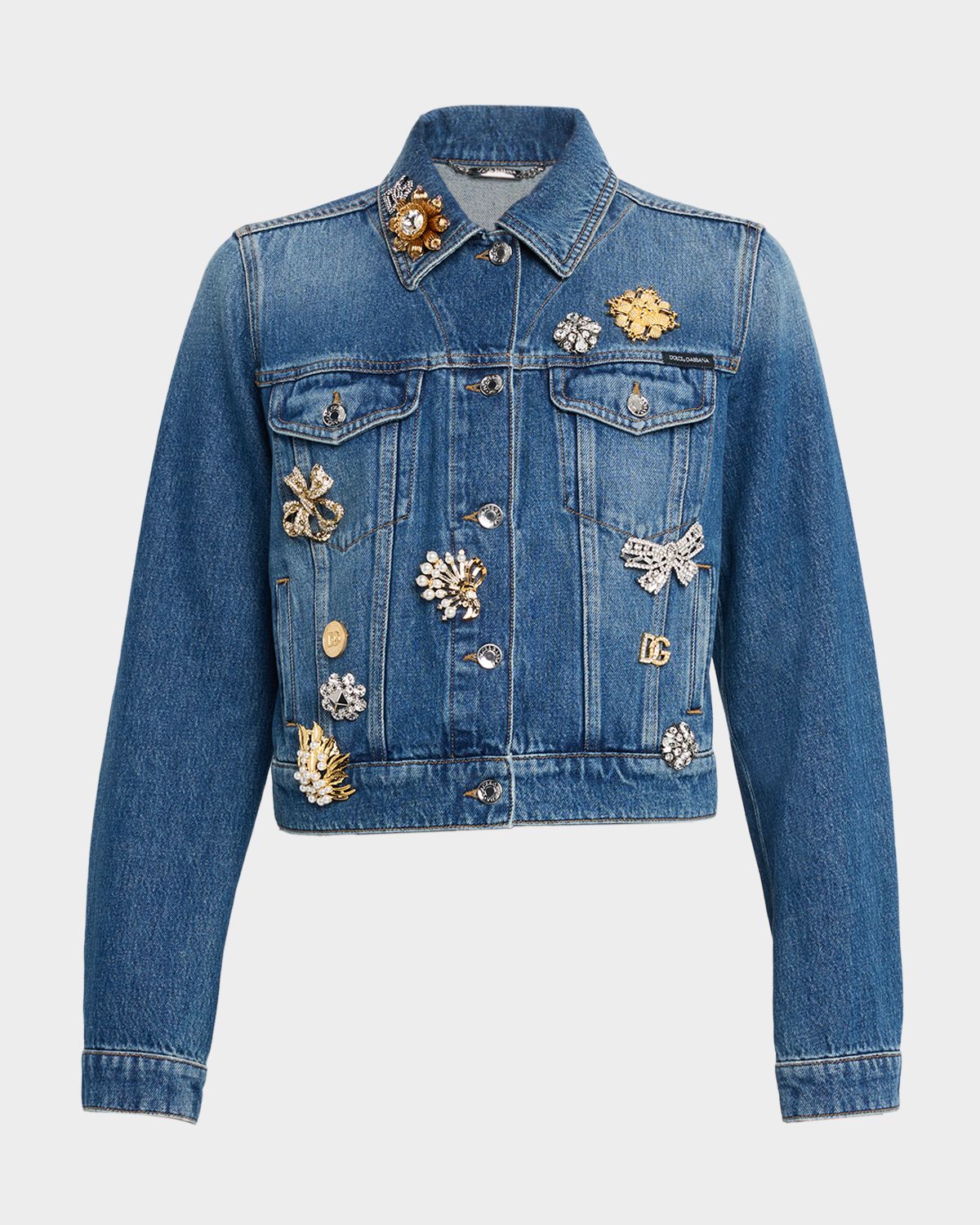 Dolce & Gabbana Brooch Embellished Crop Denim Jacket