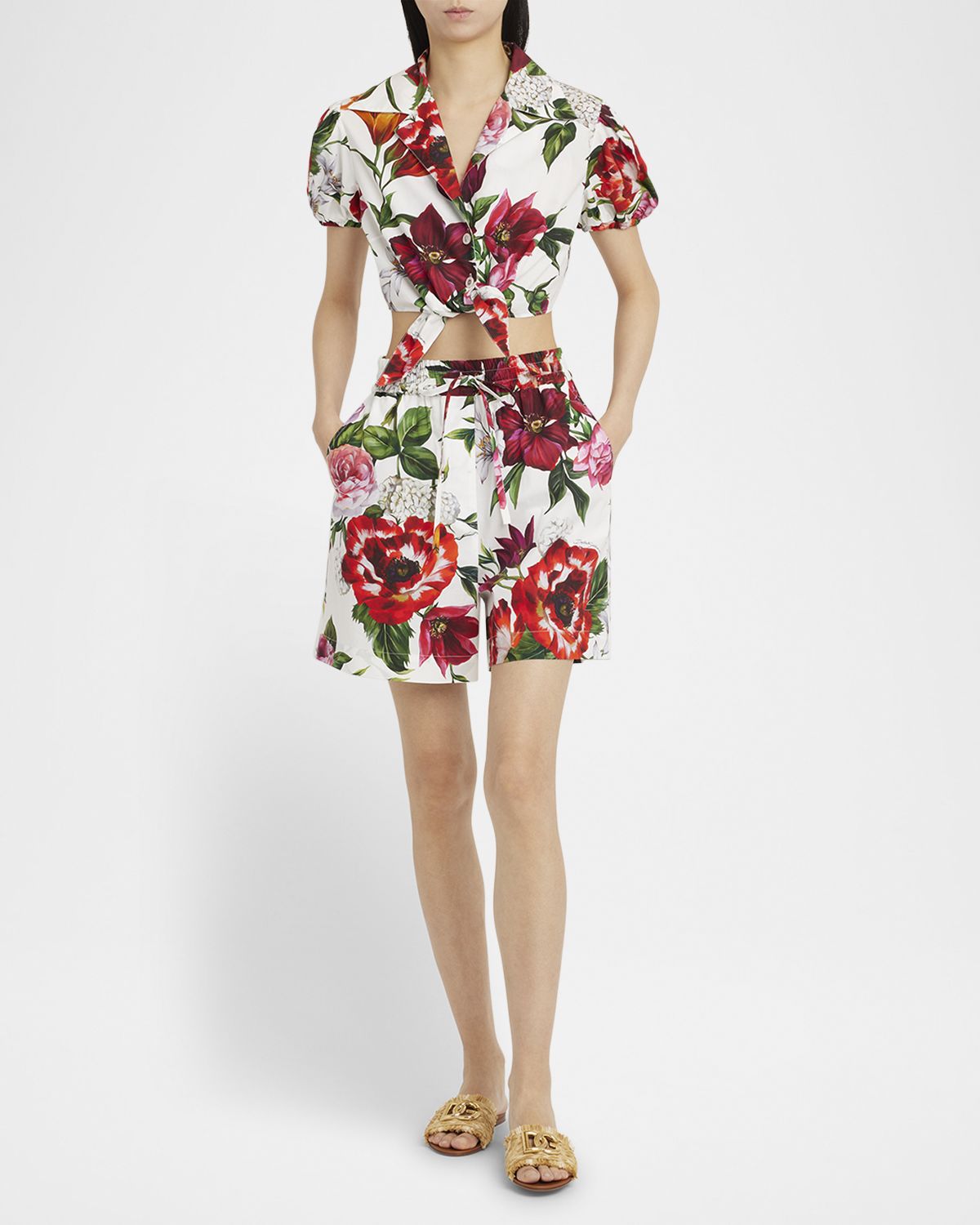 Dolce & Gabbana Anemone Floral Popeline Puff-Sleeve Tie Crop Shirt