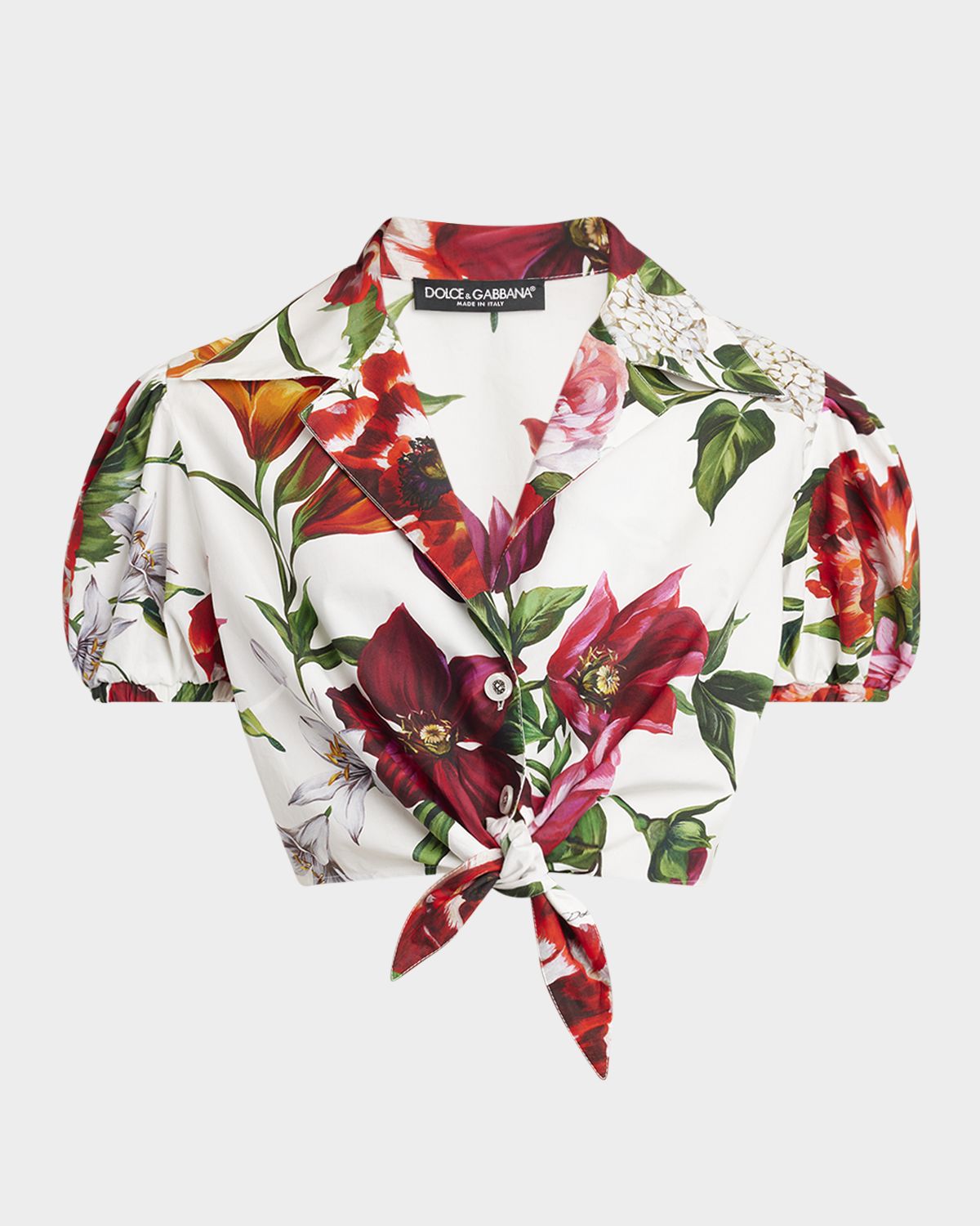 Dolce & Gabbana Anemone Floral Popeline Puff-Sleeve Tie Crop Shirt