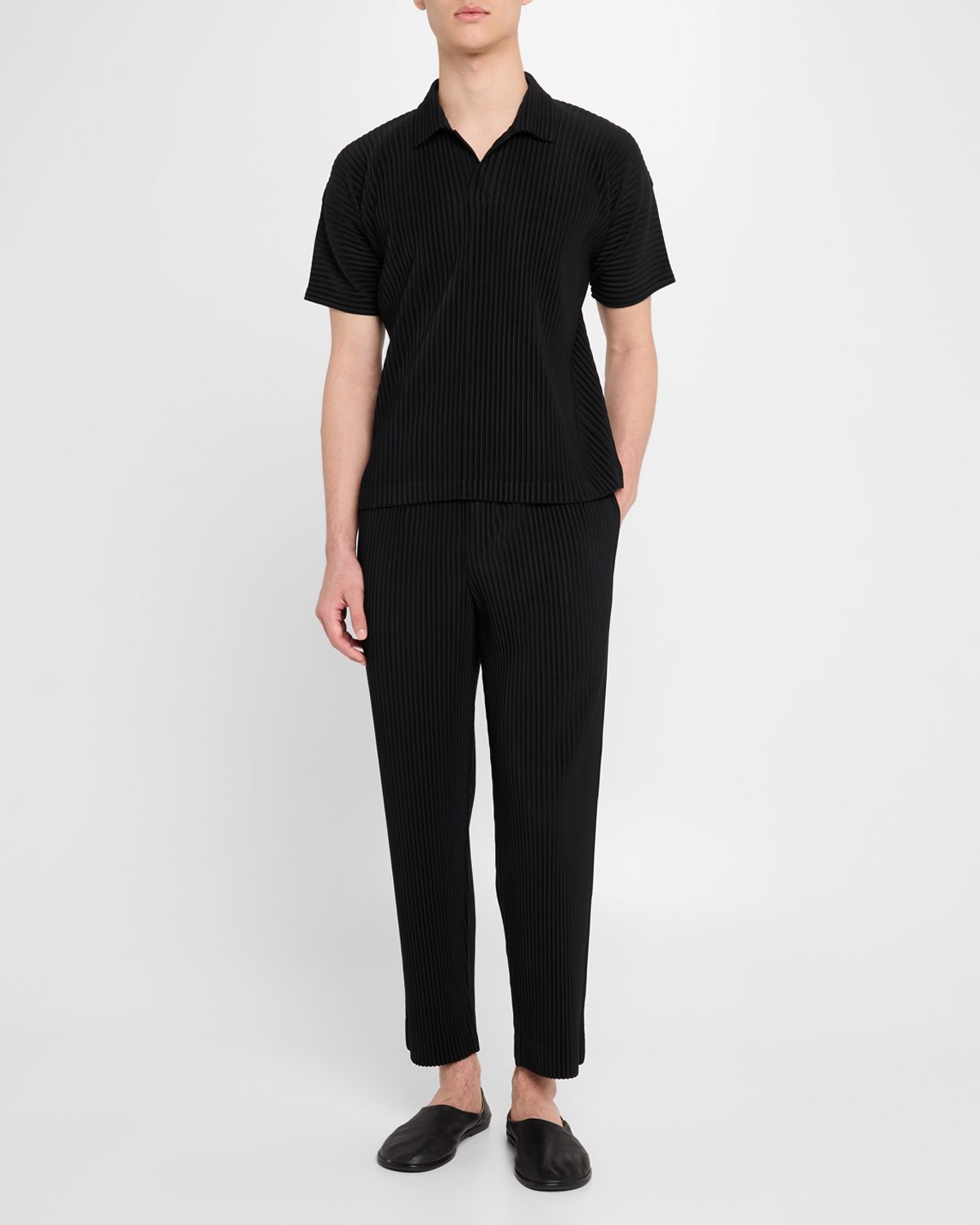 Homme Plisse Issey Miyake Men 's Pleated Johnny Collar Polo Shirt