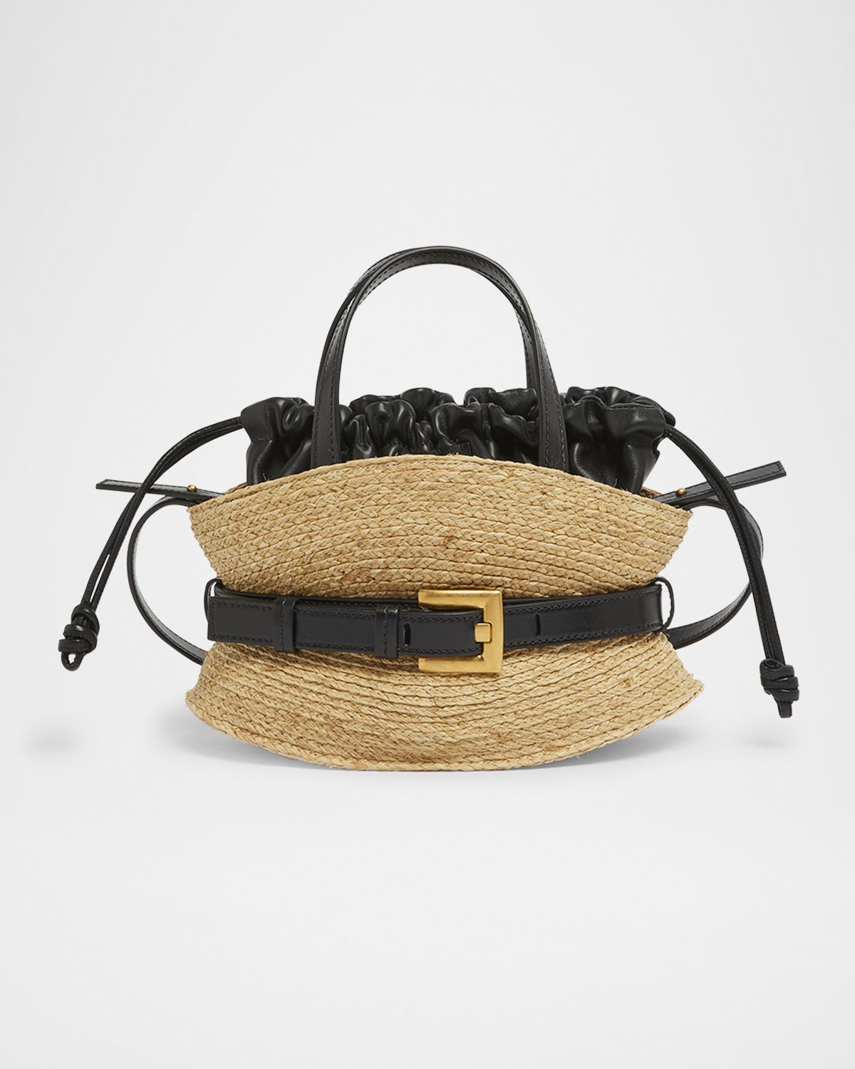 Balmain Shuffle Mini Top-Handle Bag in Raffia and Calfskin