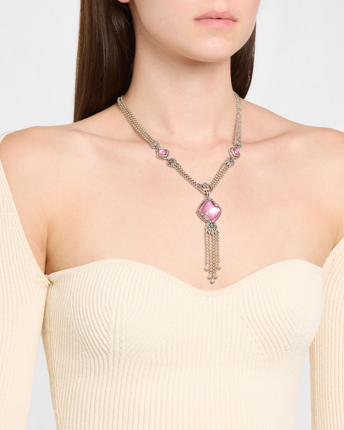 Konstantino Ivy Sterling Silver Strawberry Quartz and Rock Crystal Necklace, 18"