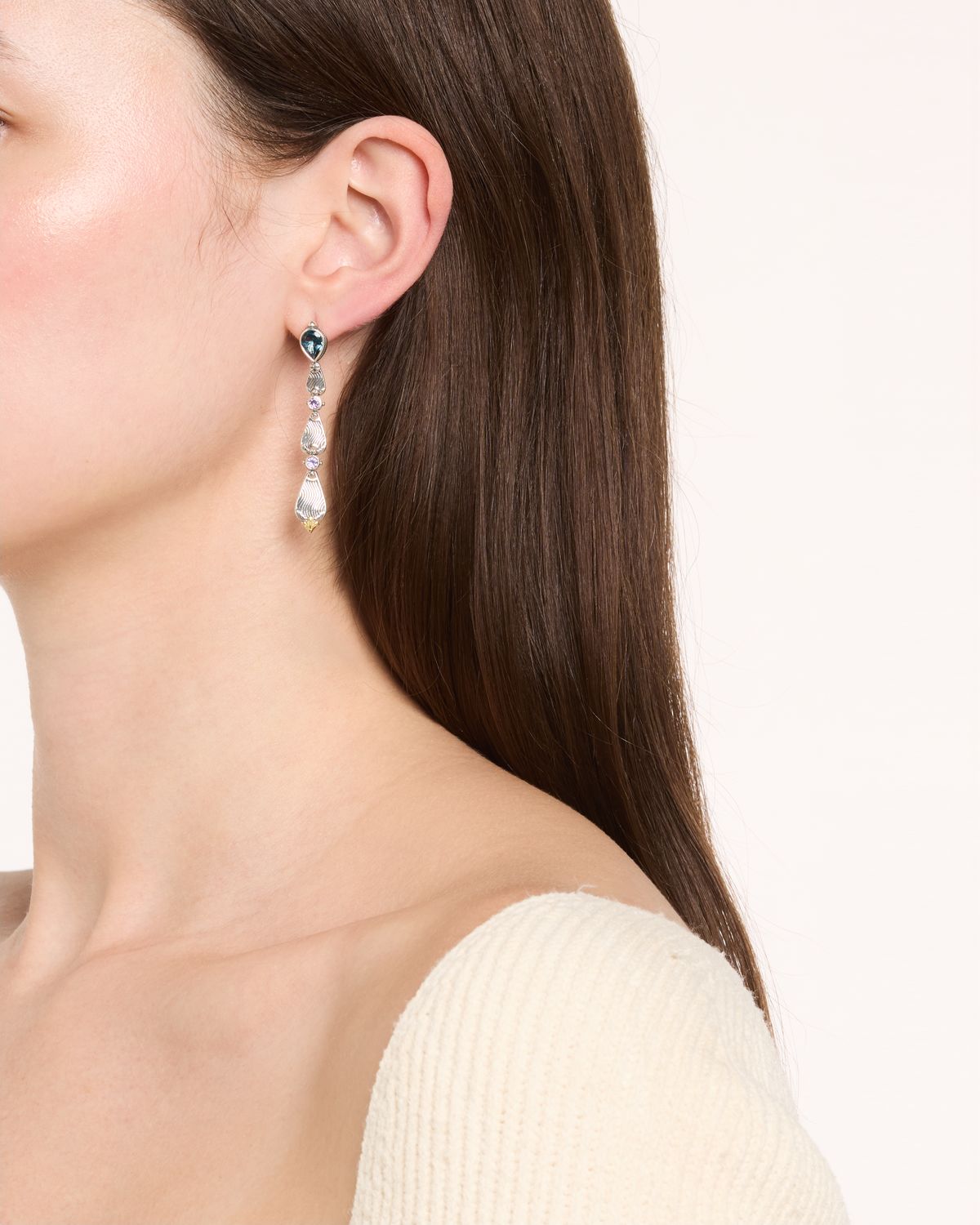 Konstantino Kyma Linear Earrings with Blue Topaz and Amethyst