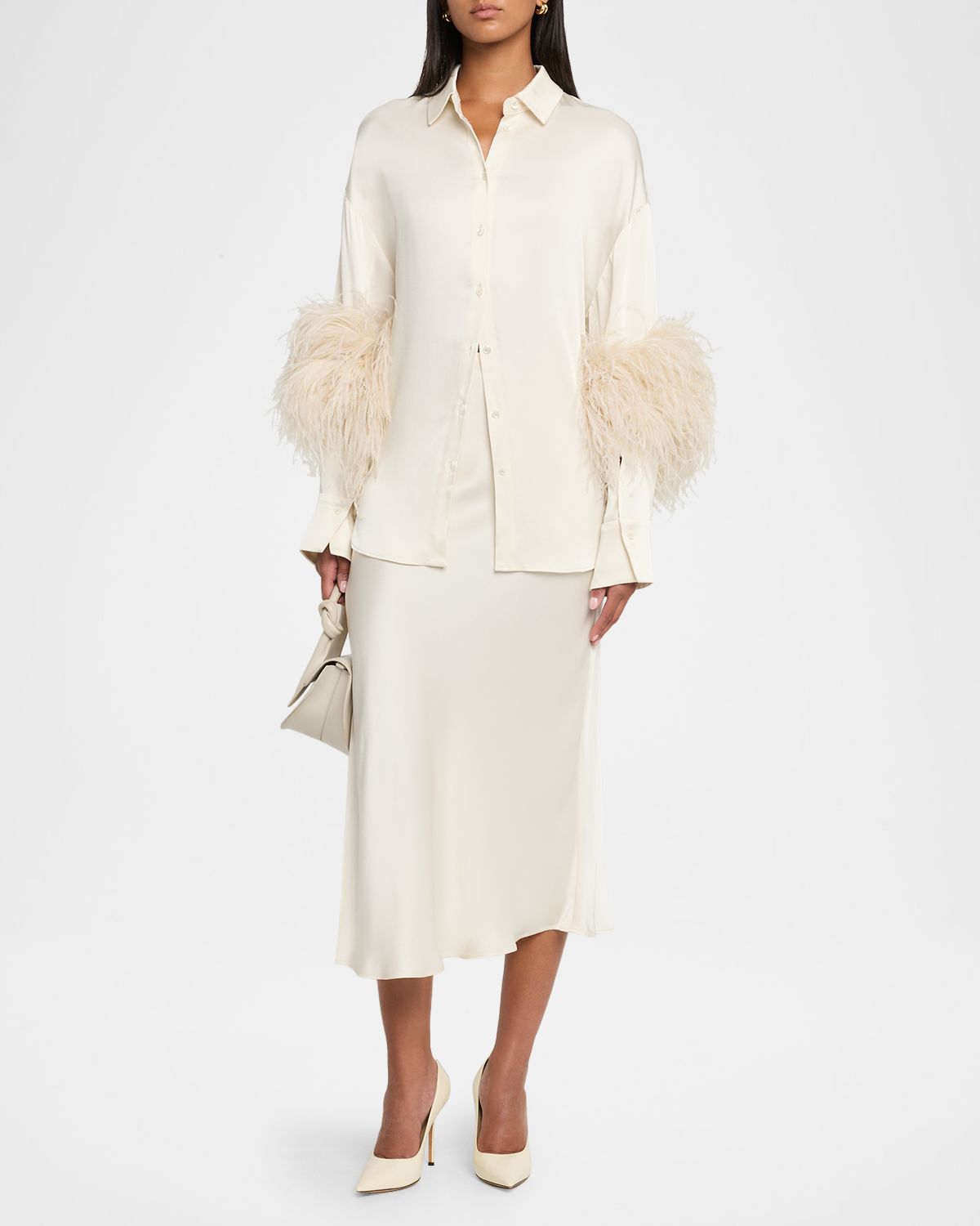 LAPOINTE Satin Button-Down Blouse With Feather Trim